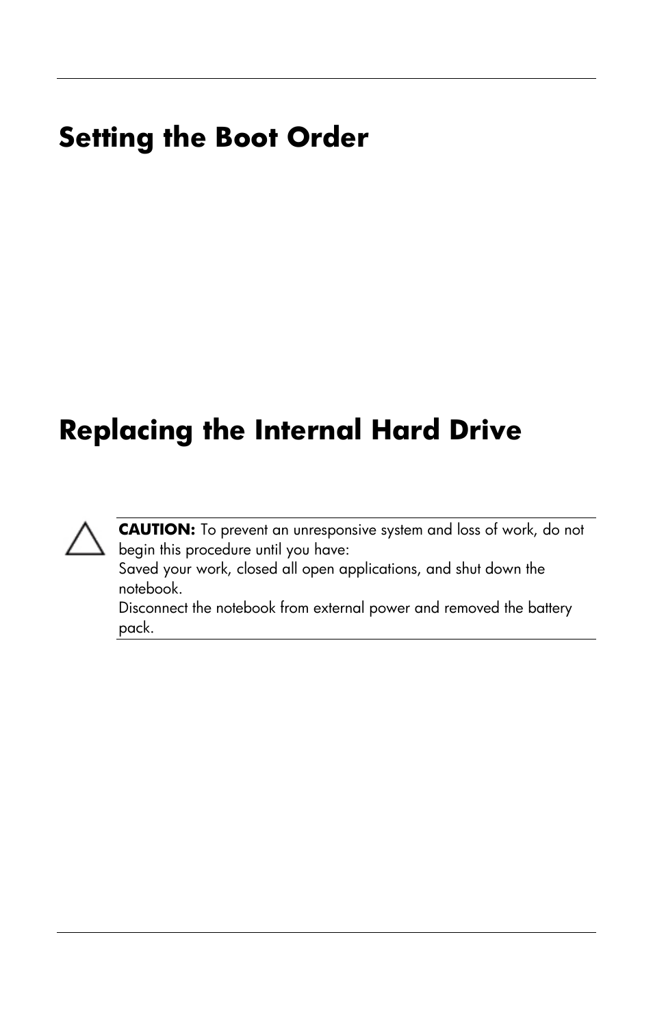 Setting the boot order, Replacing the internal hard drive | HP Notebook User Manual | Page 78 / 158