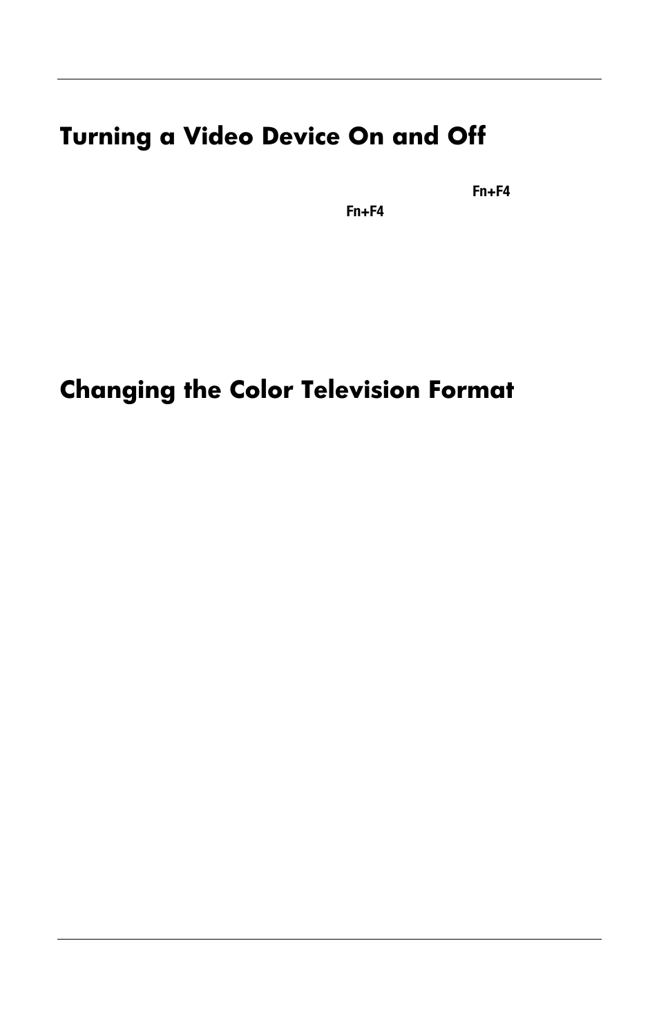 Turning a video device on and off, Changing the color television format | HP Notebook User Manual | Page 88 / 158