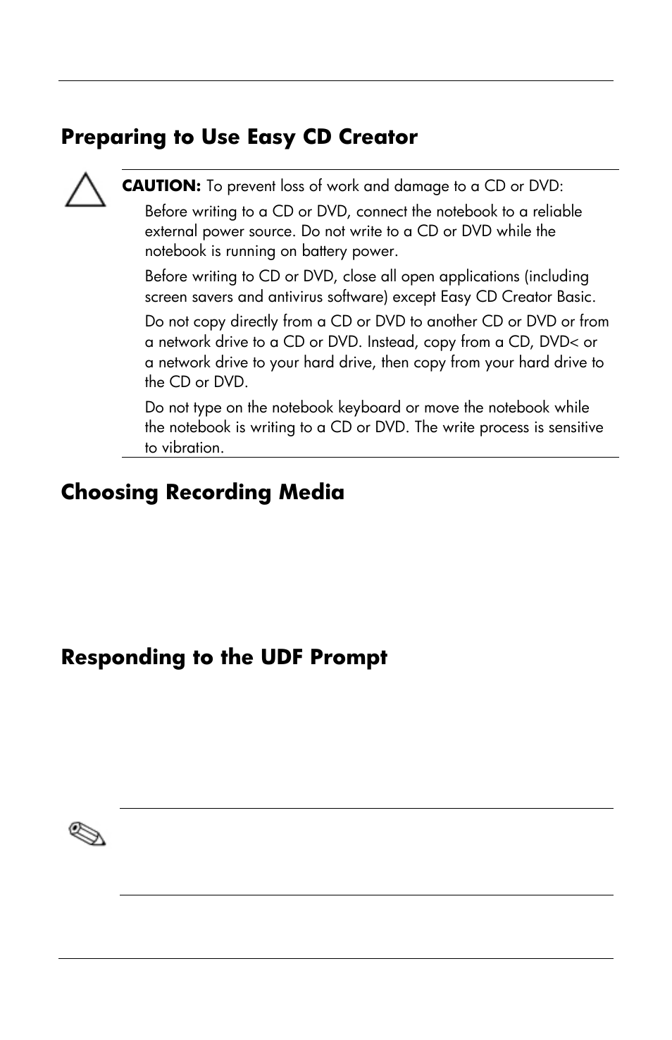 Preparing to use easy cd creator, Choosing recording media, Responding to the udf prompt | HP Notebook User Manual | Page 92 / 158