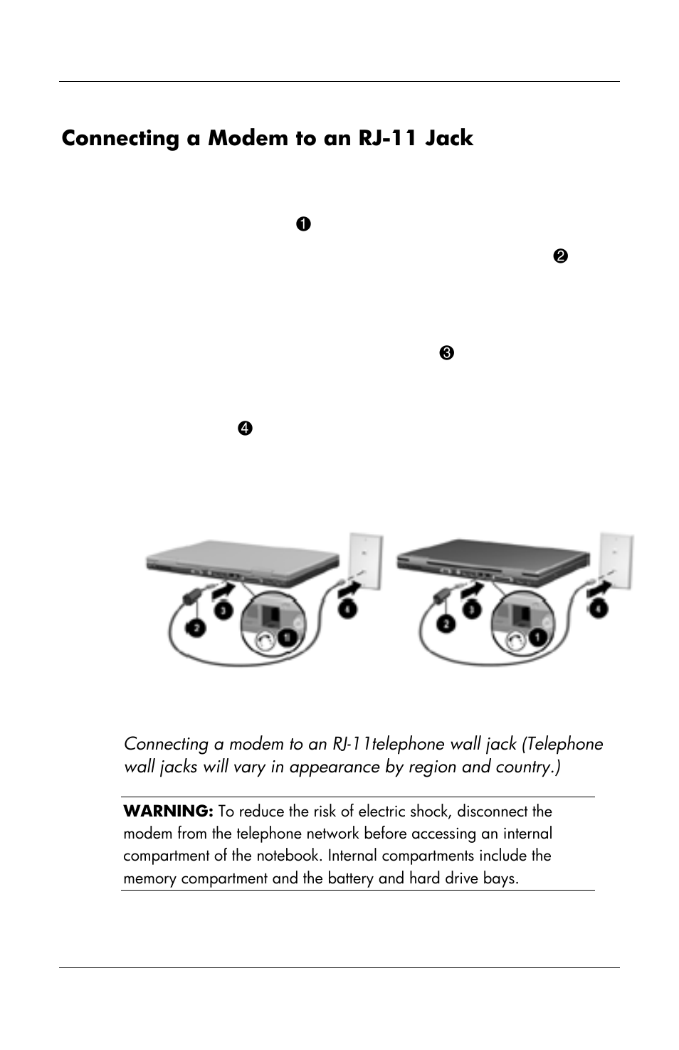 Connecting a modem to an rj-11 jack | HP Notebook User Manual | Page 98 / 158