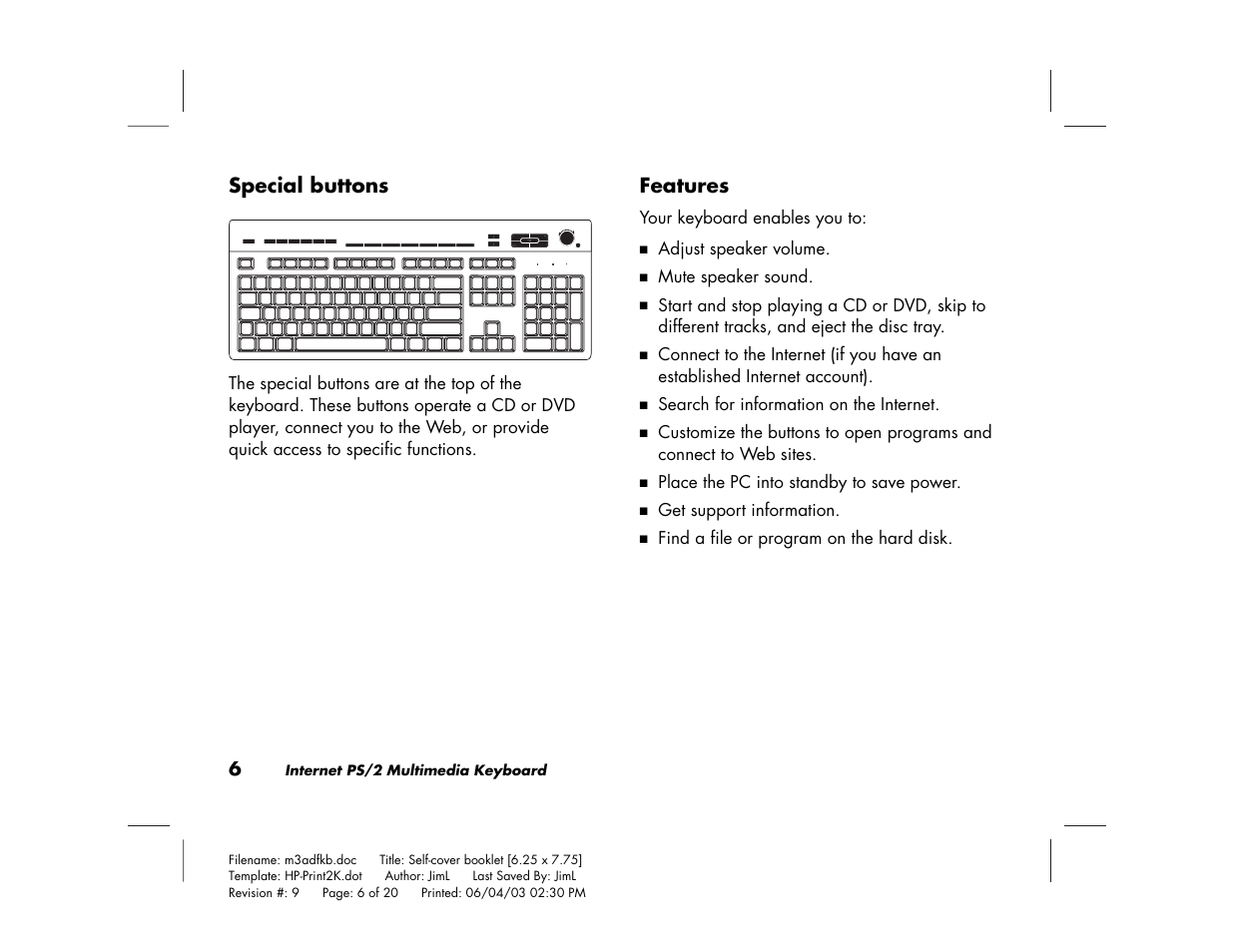Special buttons, Features | HP PS/2 User Manual | Page 10 / 20
