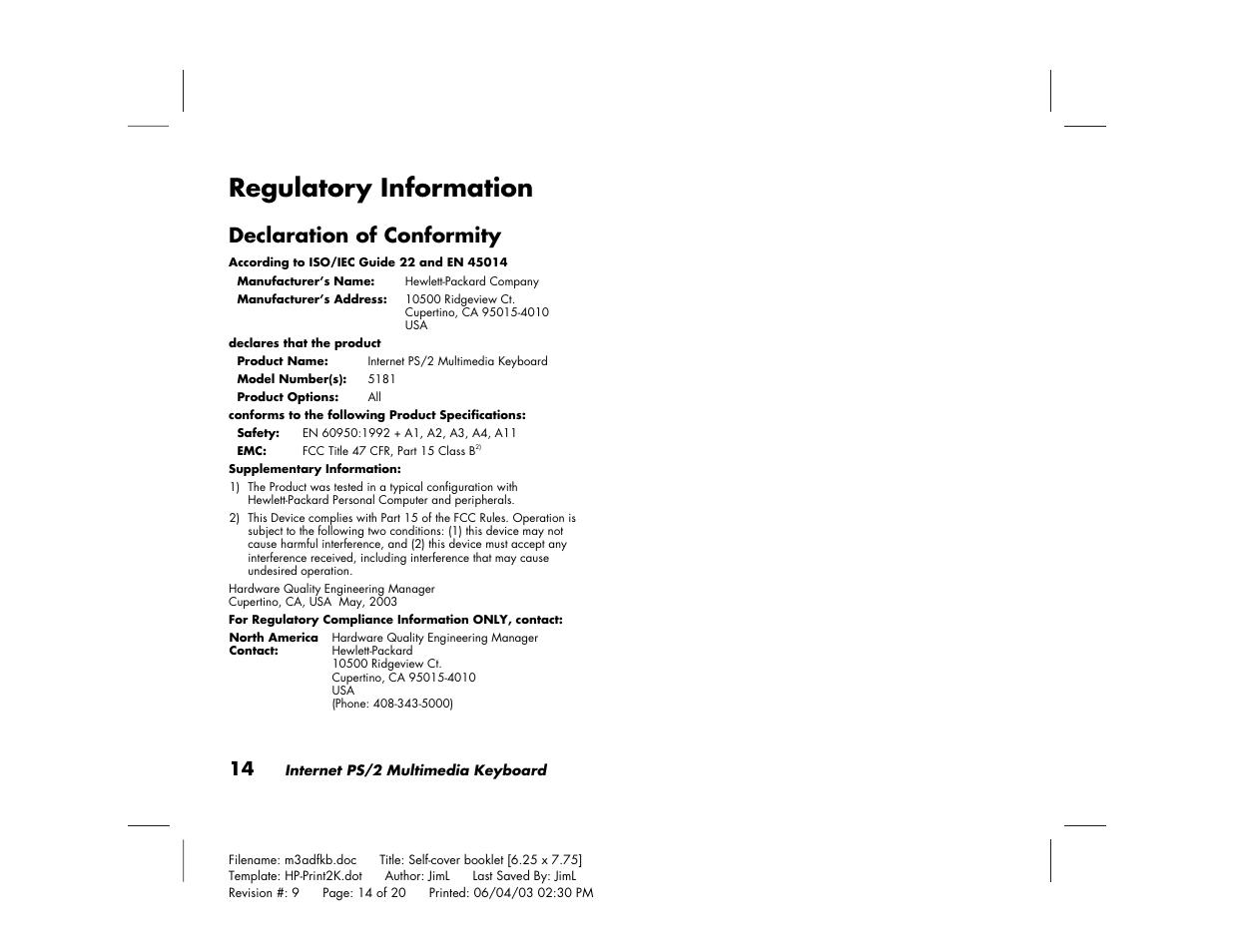 Regulatory information, Declaration of conformity | HP PS/2 User Manual | Page 18 / 20