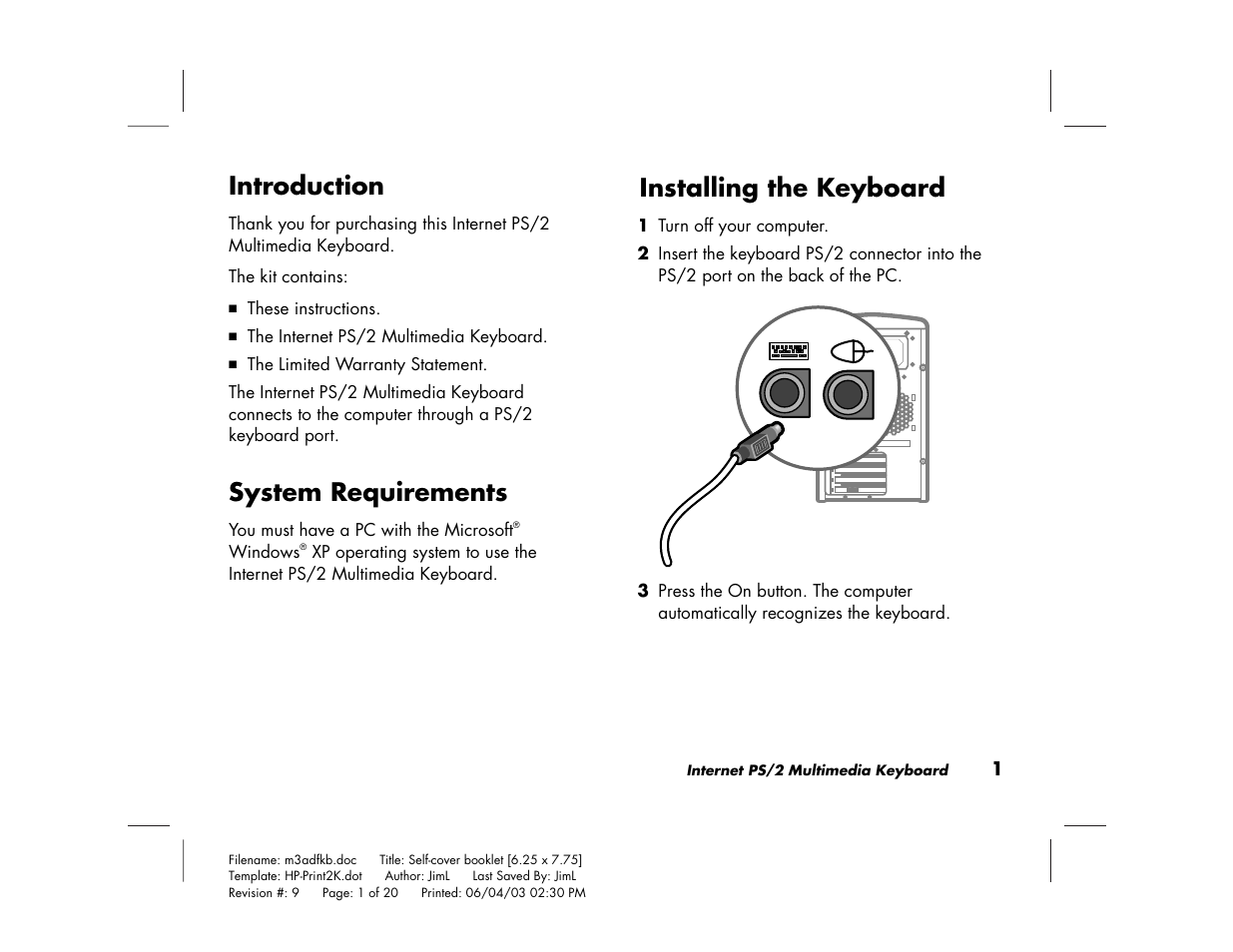 Introduction, System requirements, Installing the keyboard | HP PS/2 User Manual | Page 5 / 20