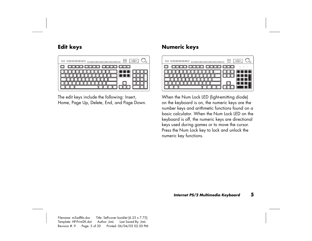 Edit keys, Numeric keys | HP PS/2 User Manual | Page 9 / 20