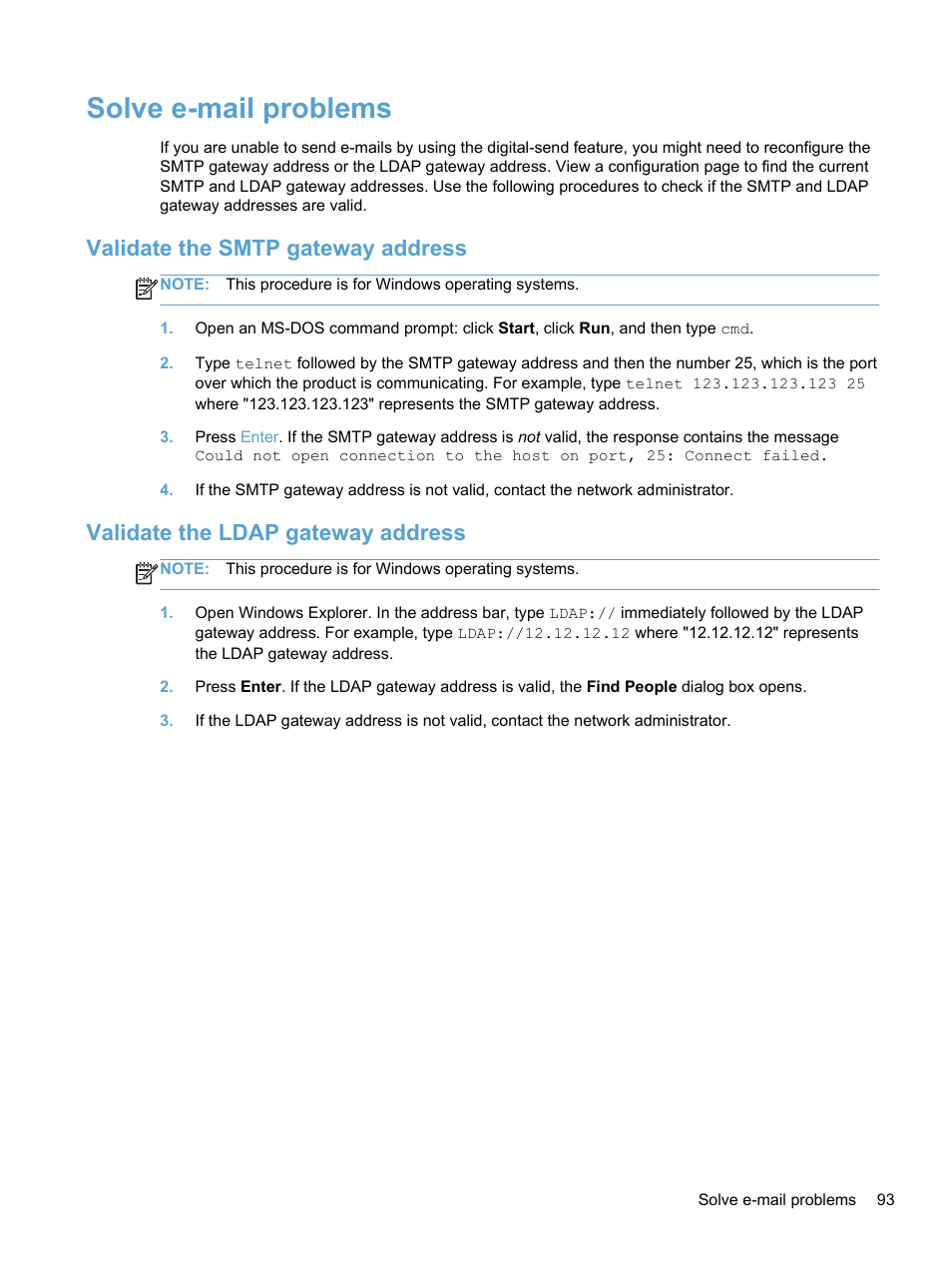 Solve e-mail problems, Validate the smtp gateway address, Validate the ldap gateway address | HP 7000N User Manual | Page 101 / 124