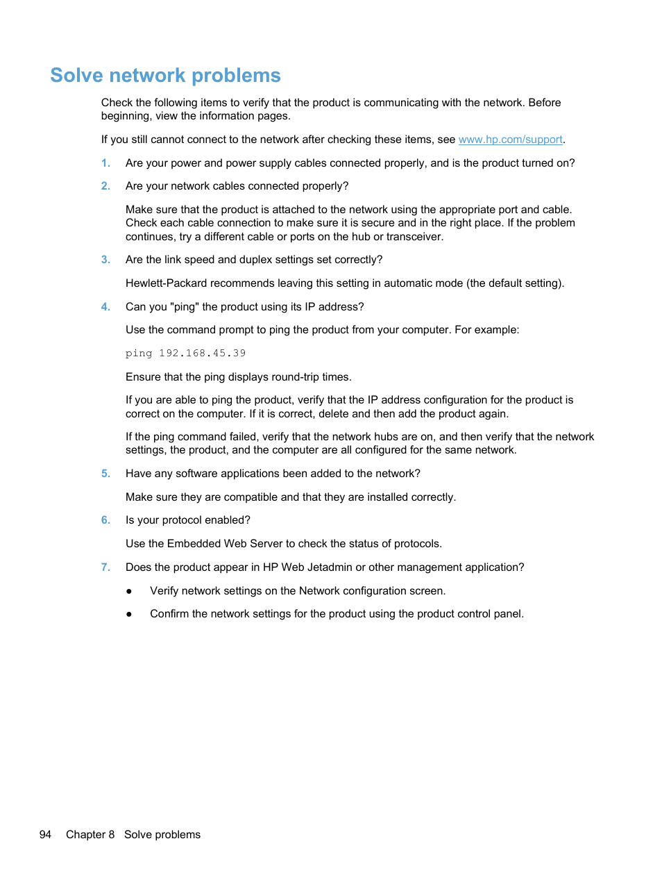 Solve network problems | HP 7000N User Manual | Page 102 / 124