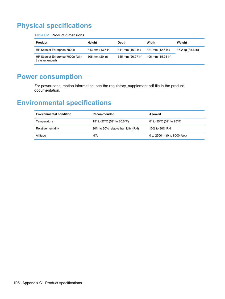 Physical specifications, Power consumption, Environmental specifications | HP 7000N User Manual | Page 114 / 124