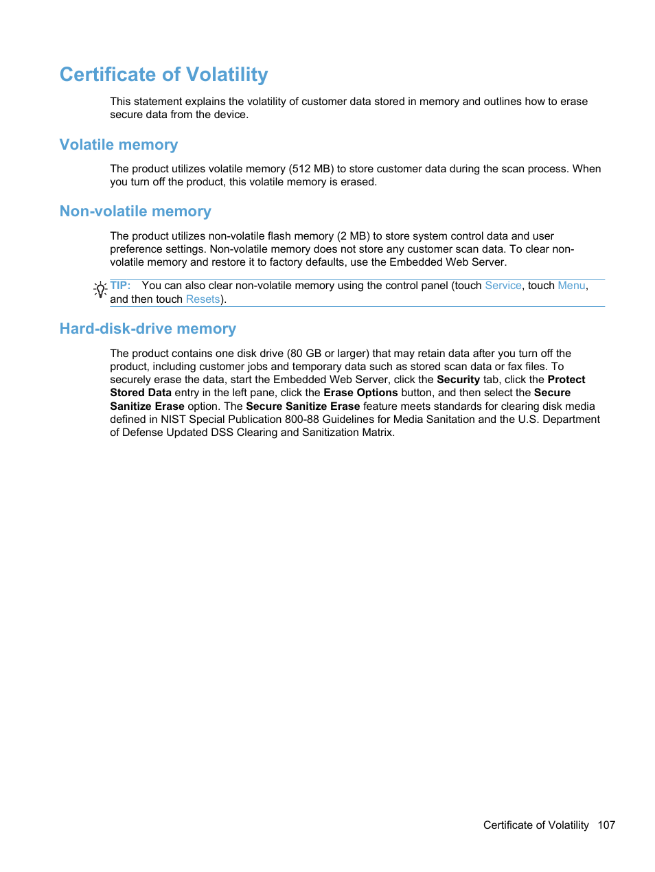 Certificate of volatility, Volatile memory, Non-volatile memory | Hard-disk-drive memory | HP 7000N User Manual | Page 115 / 124