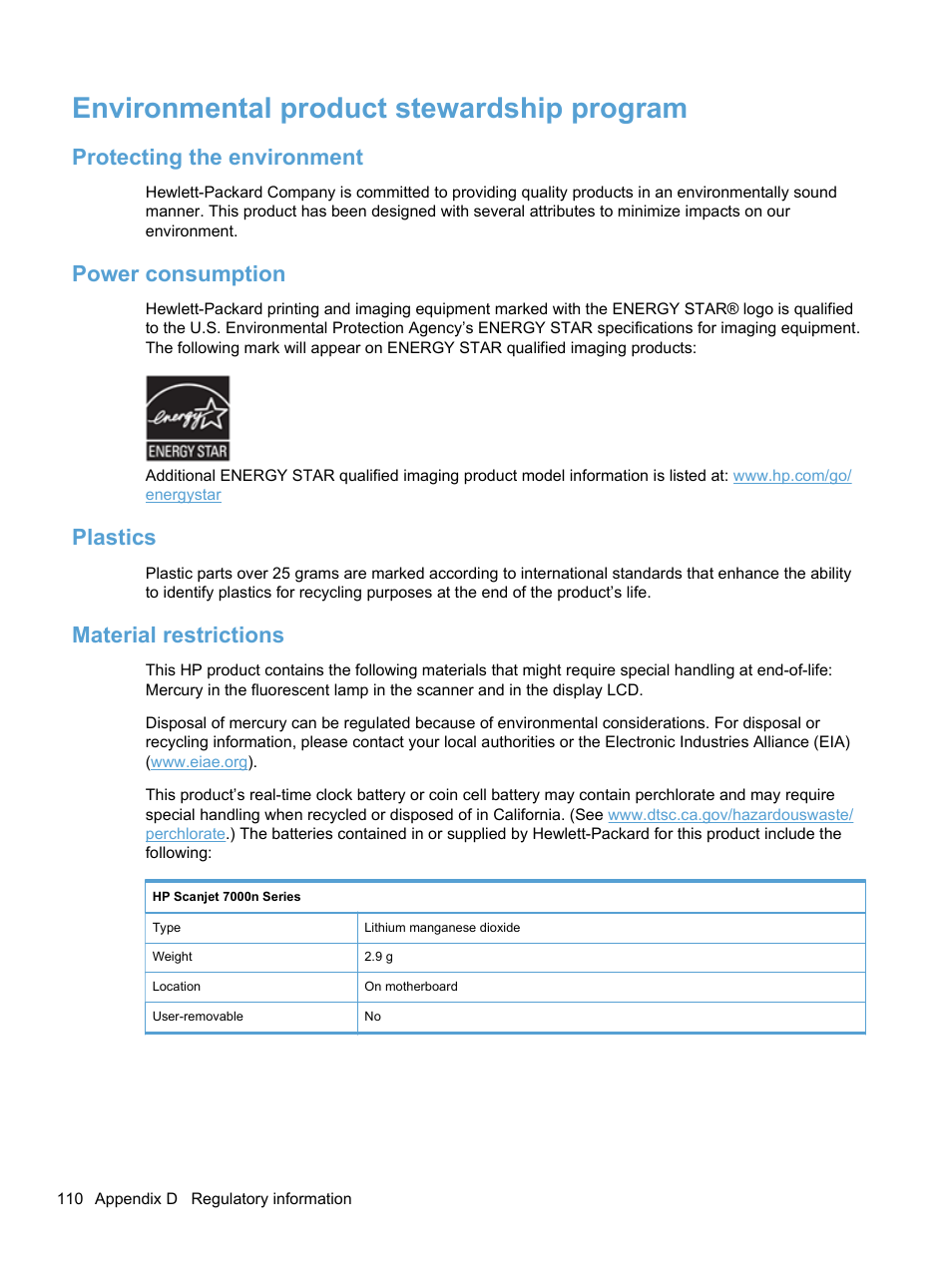 Environmental product stewardship program, Protecting the environment, Power consumption | Plastics, Material restrictions | HP 7000N User Manual | Page 118 / 124