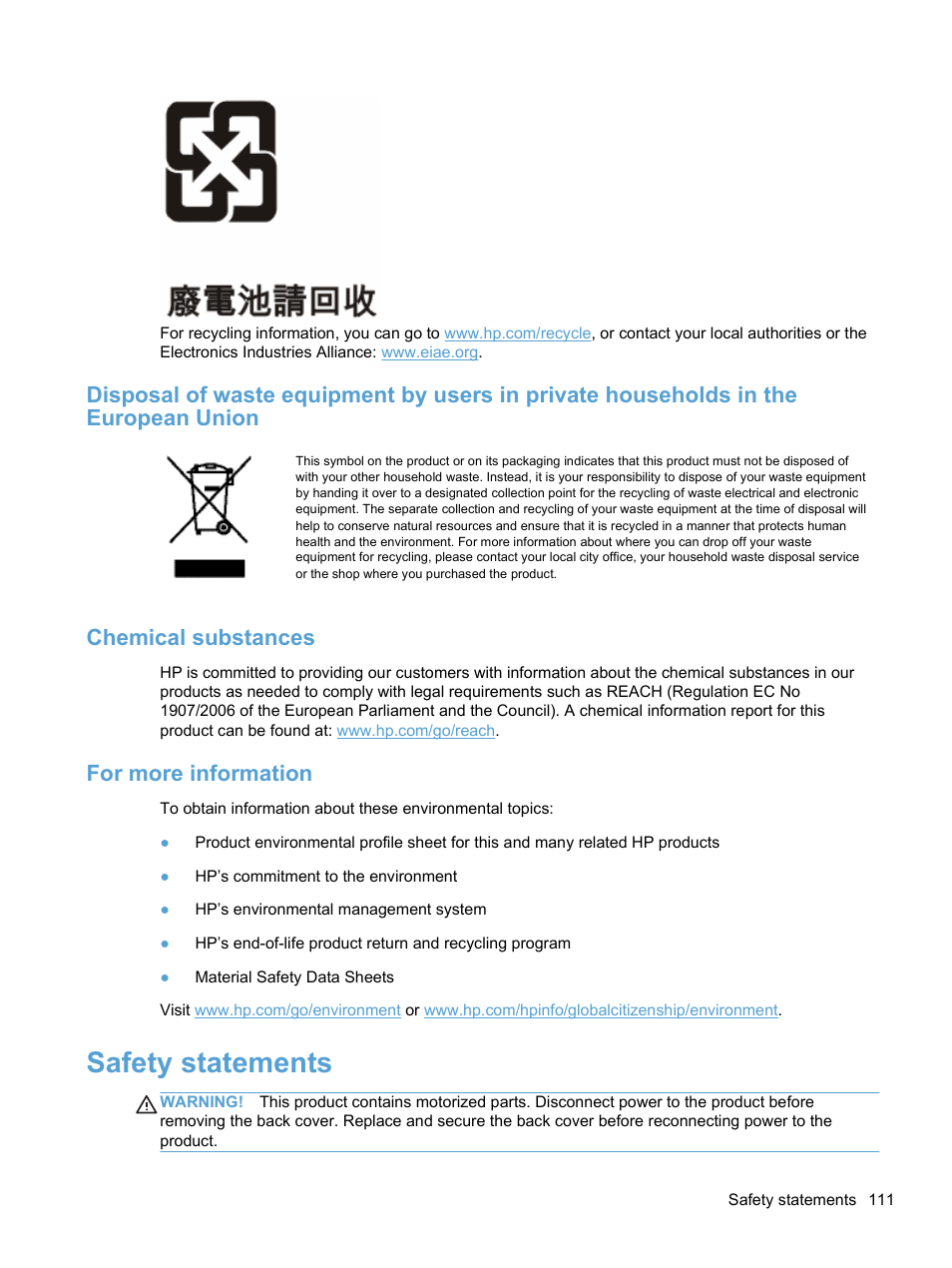 Chemical substances, For more information, Safety statements | HP 7000N User Manual | Page 119 / 124