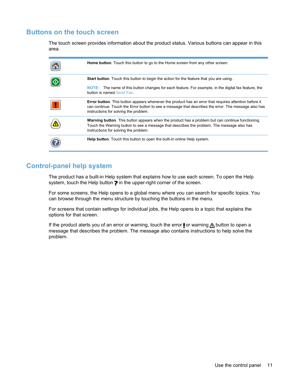 Buttons on the touch screen, Control-panel help system | HP 7000N User Manual | Page 19 / 124