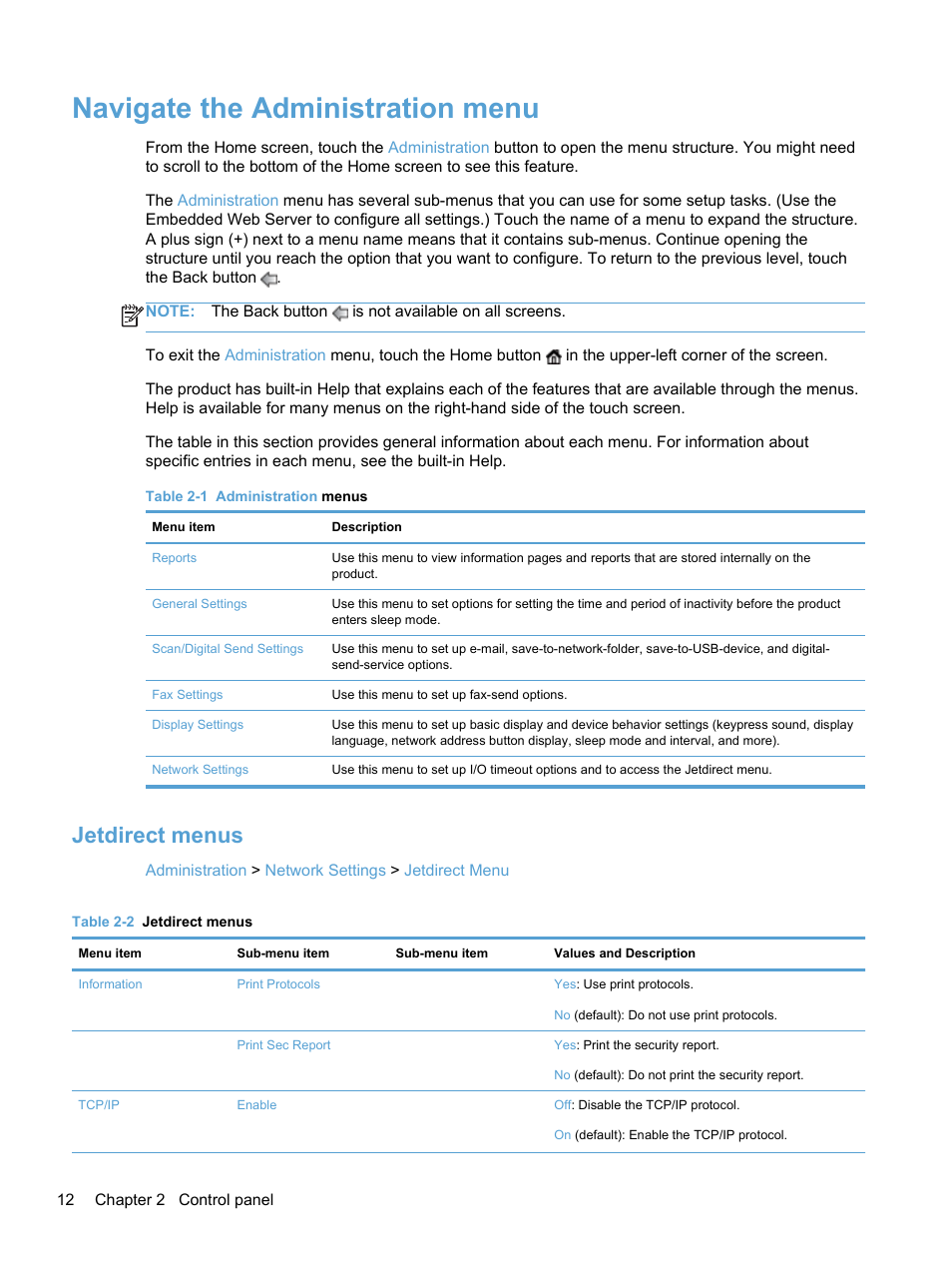 Navigate the administration menu, Jetdirect menus | HP 7000N User Manual | Page 20 / 124