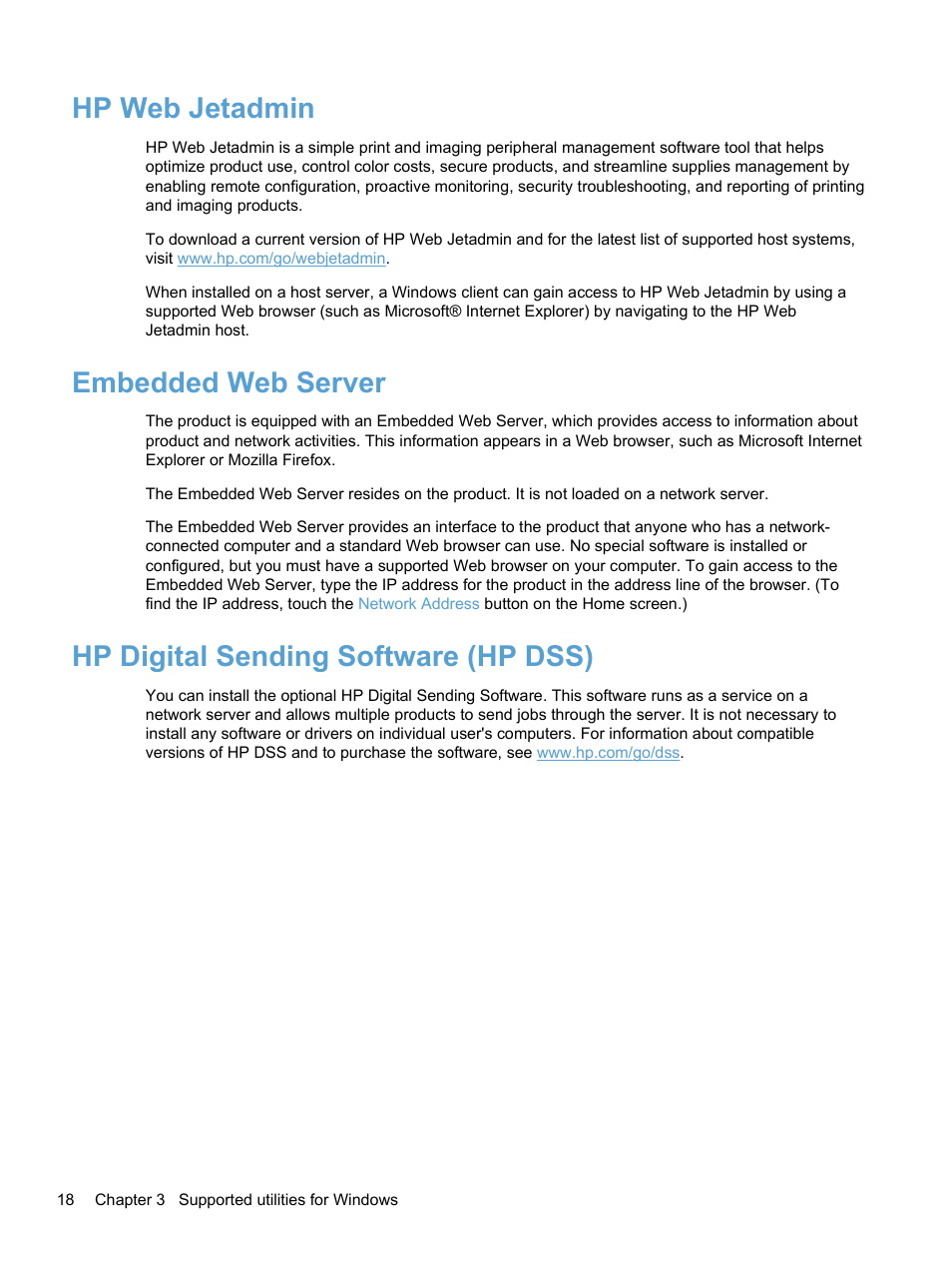 Hp web jetadmin, Embedded web server, Hp digital sending software (hp dss) | HP 7000N User Manual | Page 26 / 124