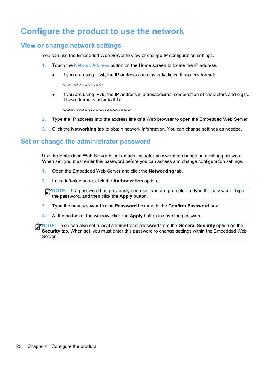 Configure the product to use the network, View or change network settings, Set or change the administrator password | HP 7000N User Manual | Page 30 / 124