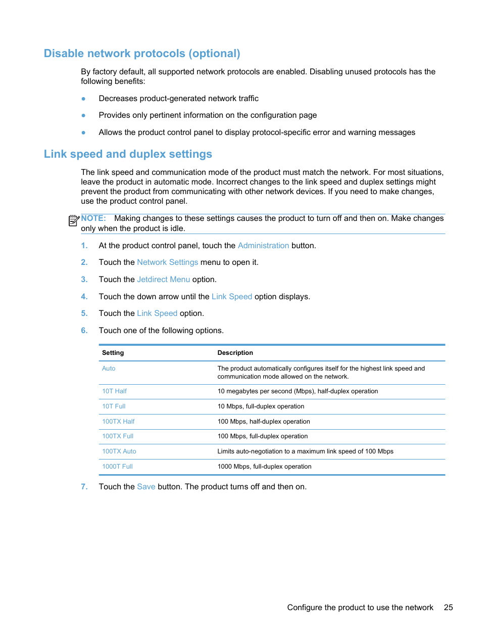Disable network protocols (optional), Link speed and duplex settings | HP 7000N User Manual | Page 33 / 124