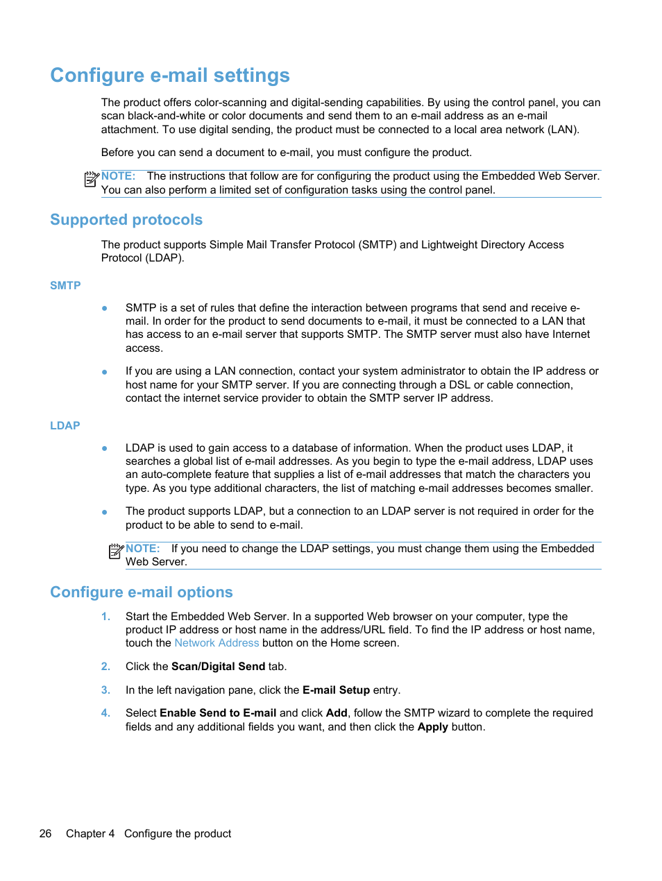 Configure e-mail settings, Supported protocols, Configure e-mail options | Supported protocols configure e-mail options | HP 7000N User Manual | Page 34 / 124