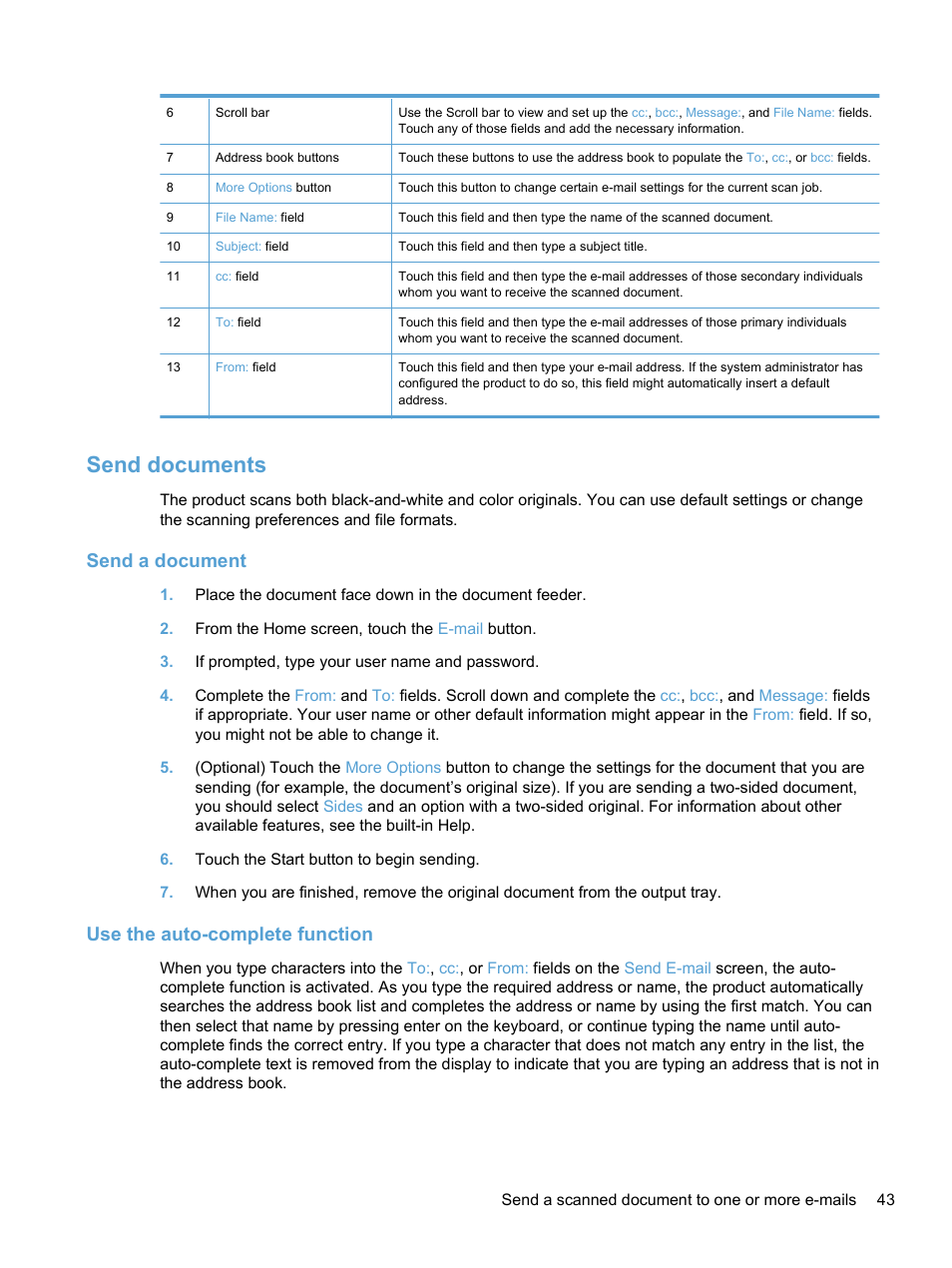 Send documents, Send a document, Use the auto-complete function | Send a document use the auto-complete function | HP 7000N User Manual | Page 51 / 124