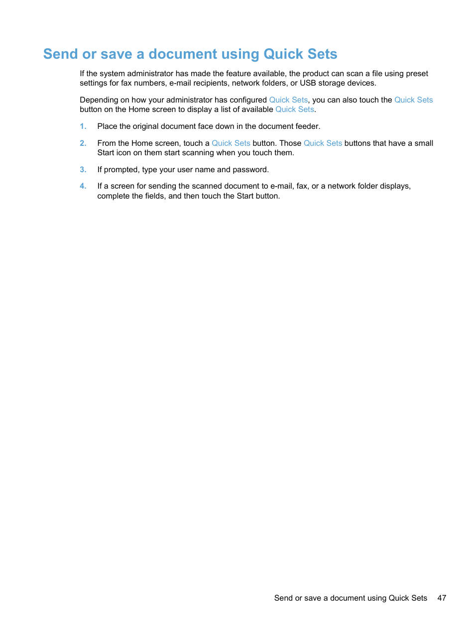 Send or save a document using quick sets | HP 7000N User Manual | Page 55 / 124
