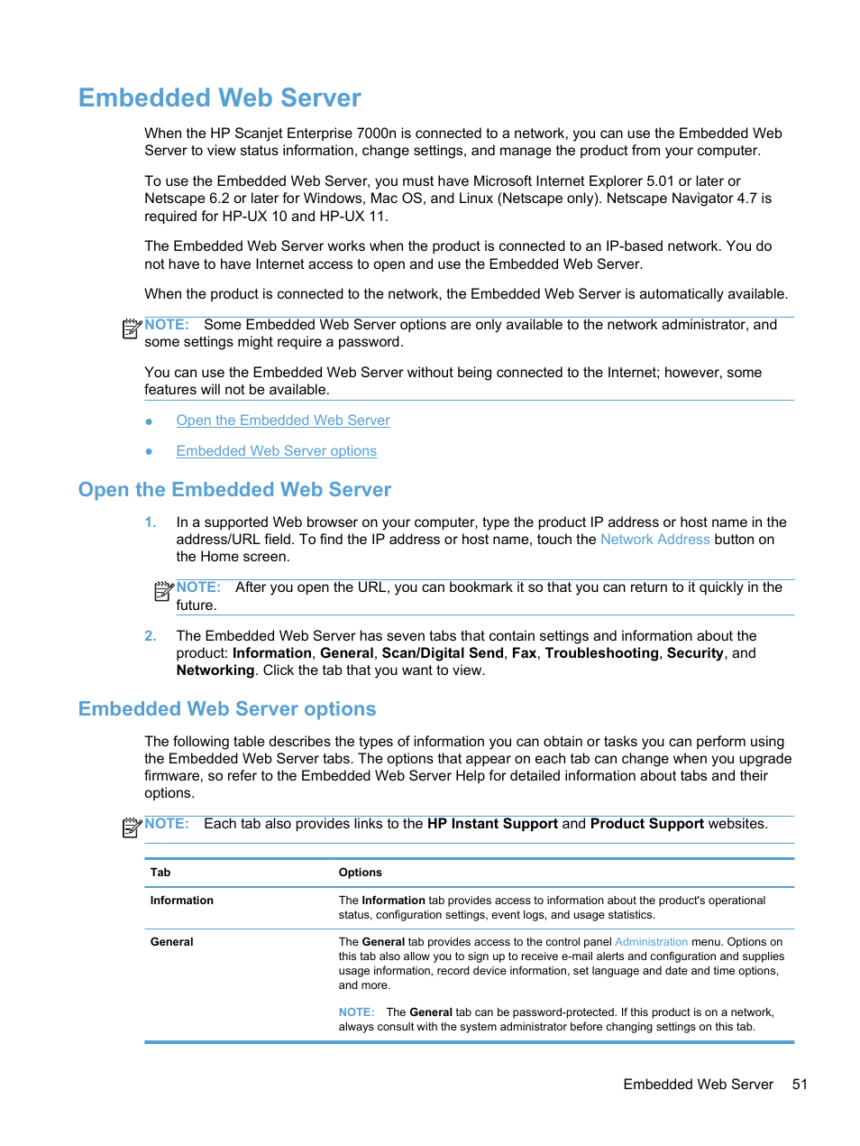 Embedded web server, Open the embedded web server, Embedded web server options | HP 7000N User Manual | Page 59 / 124