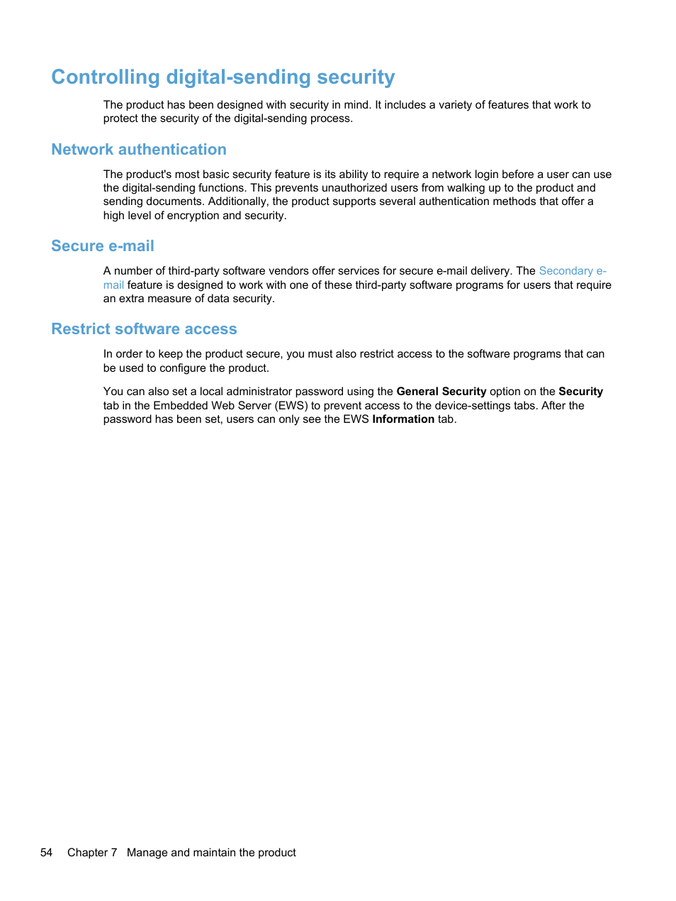 Controlling digital-sending security, Network authentication, Secure e-mail | Restrict software access, Secure e-mail restrict software access | HP 7000N User Manual | Page 62 / 124