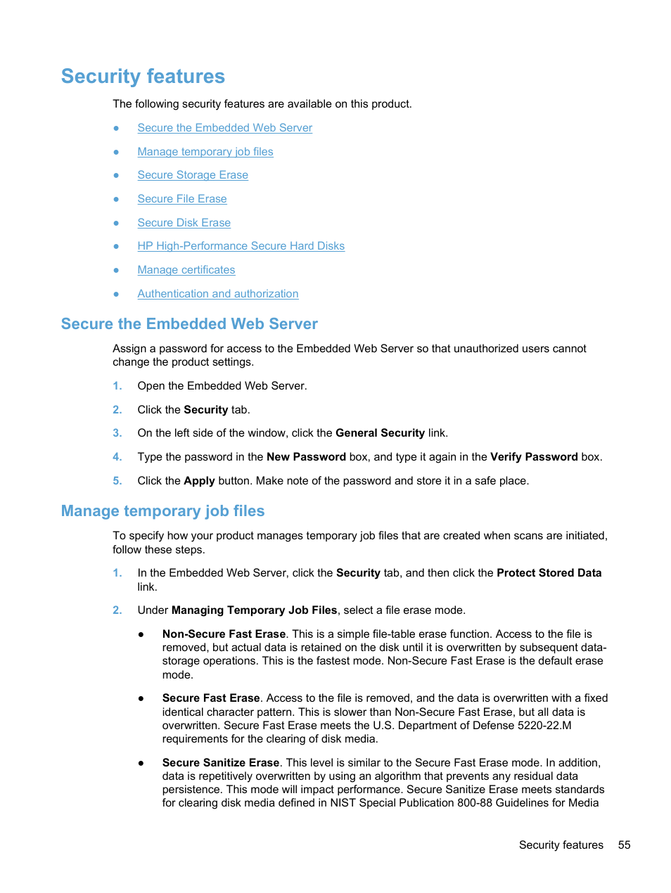 Security features, Secure the embedded web server, Manage temporary job files | HP 7000N User Manual | Page 63 / 124