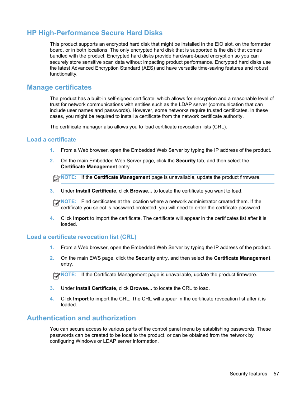 Hp high-performance secure hard disks, Manage certificates, Load a certificate | Load a certificate revocation list (crl), Authentication and authorization | HP 7000N User Manual | Page 65 / 124