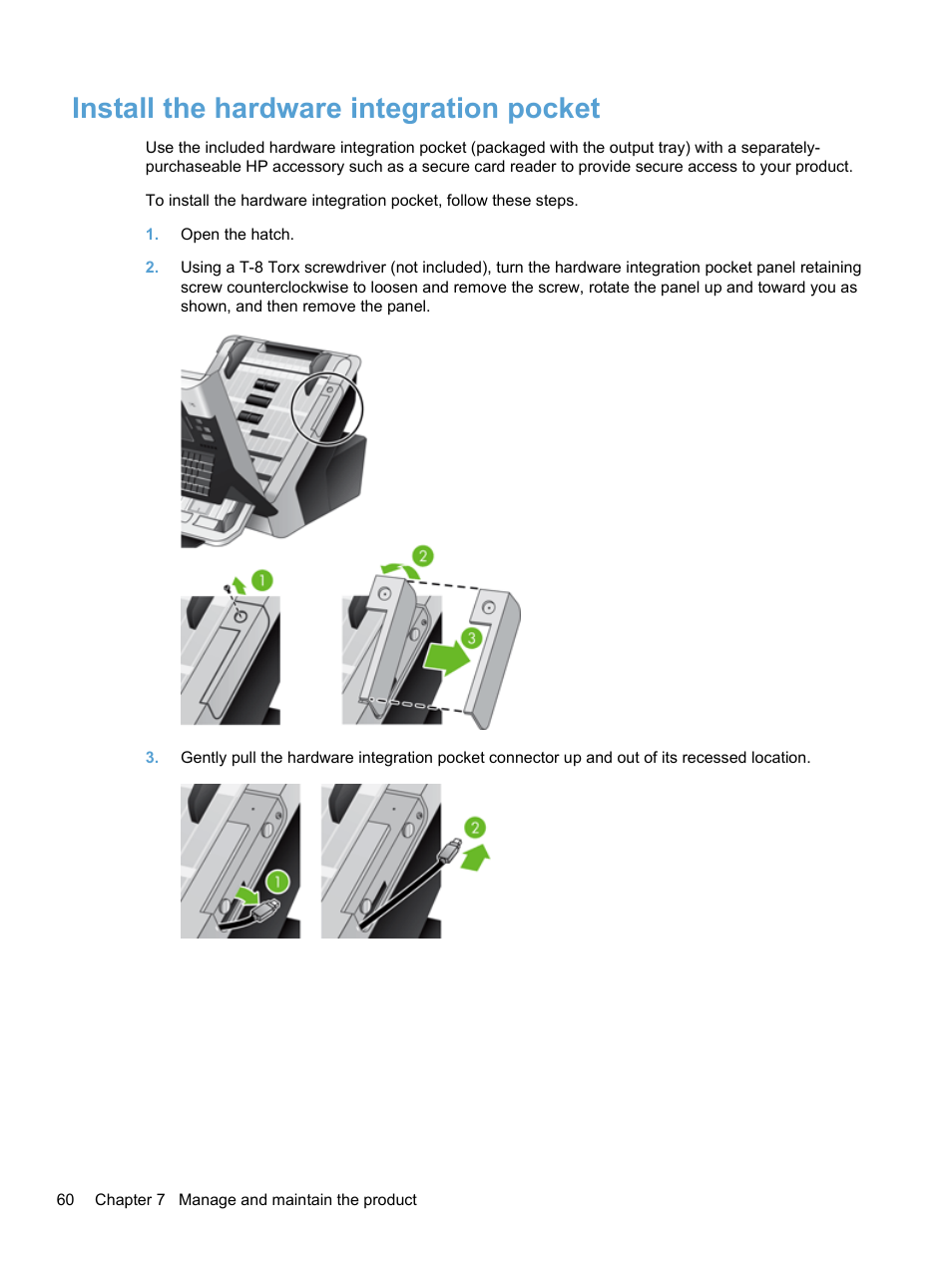 Install the hardware integration pocket | HP 7000N User Manual | Page 68 / 124