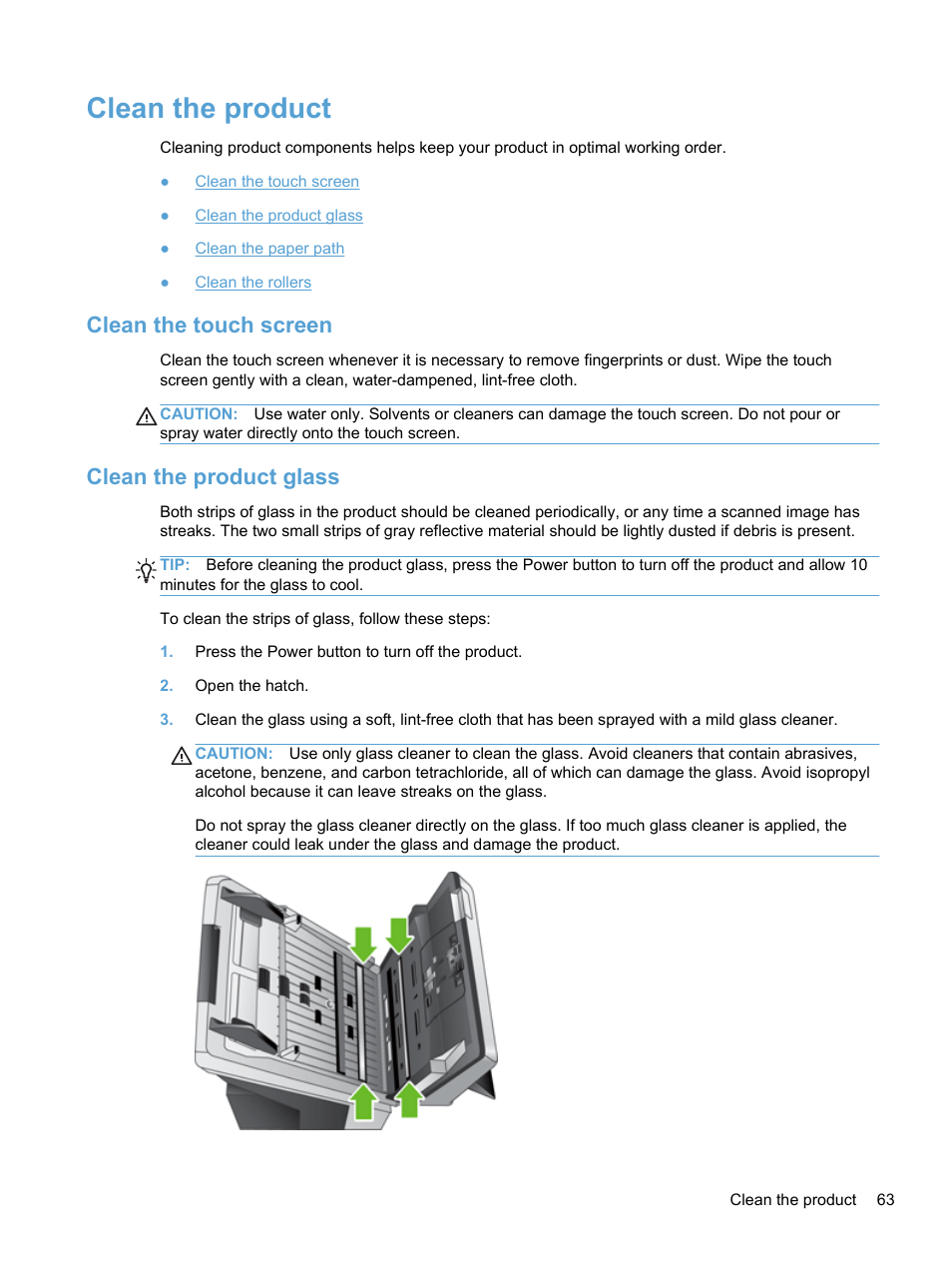 Clean the product, Clean the touch screen, Clean the product glass | Clean the touch screen clean the product glass | HP 7000N User Manual | Page 71 / 124