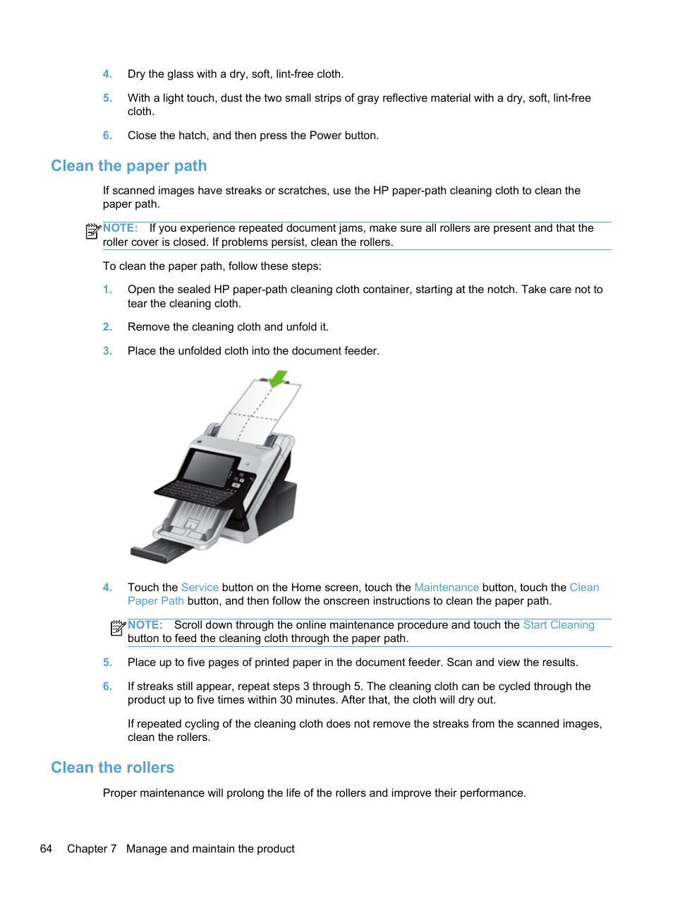 Clean the paper path, Clean the rollers, Clean the paper path clean the rollers | HP 7000N User Manual | Page 72 / 124