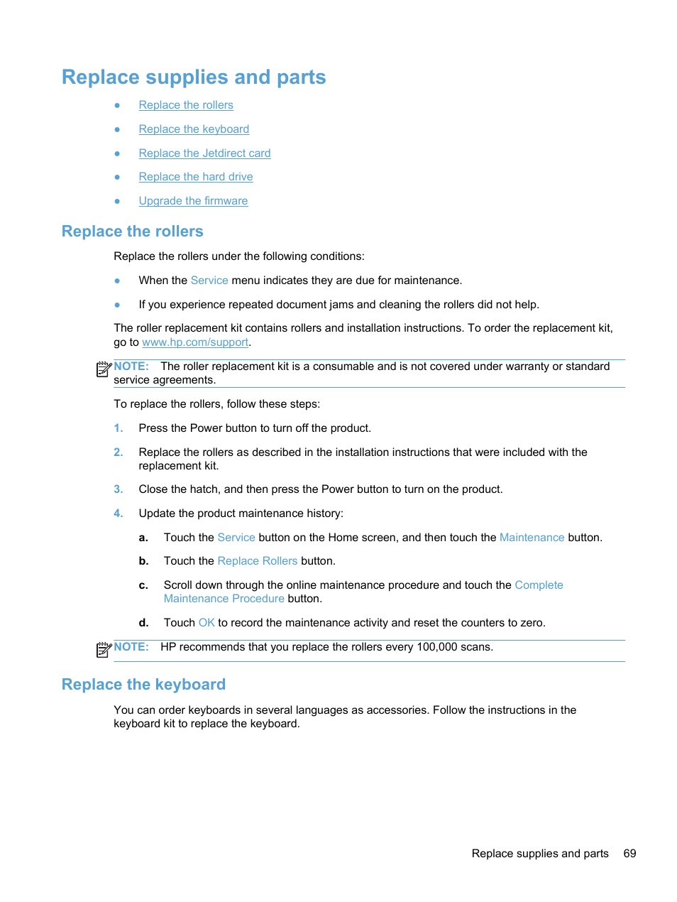 Replace supplies and parts, Replace the rollers, Replace the keyboard | Replace the rollers replace the keyboard | HP 7000N User Manual | Page 77 / 124