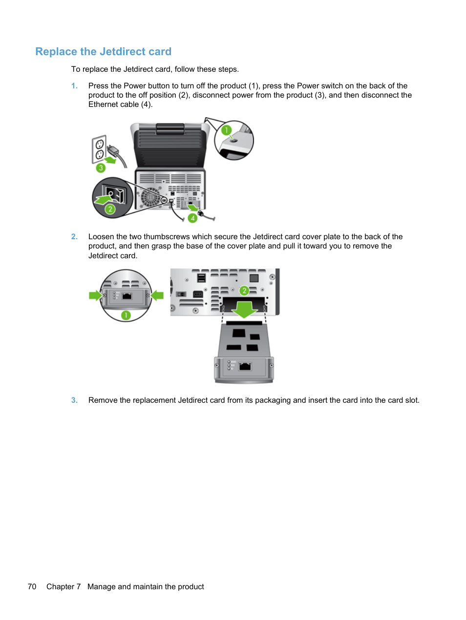 Replace the jetdirect card | HP 7000N User Manual | Page 78 / 124