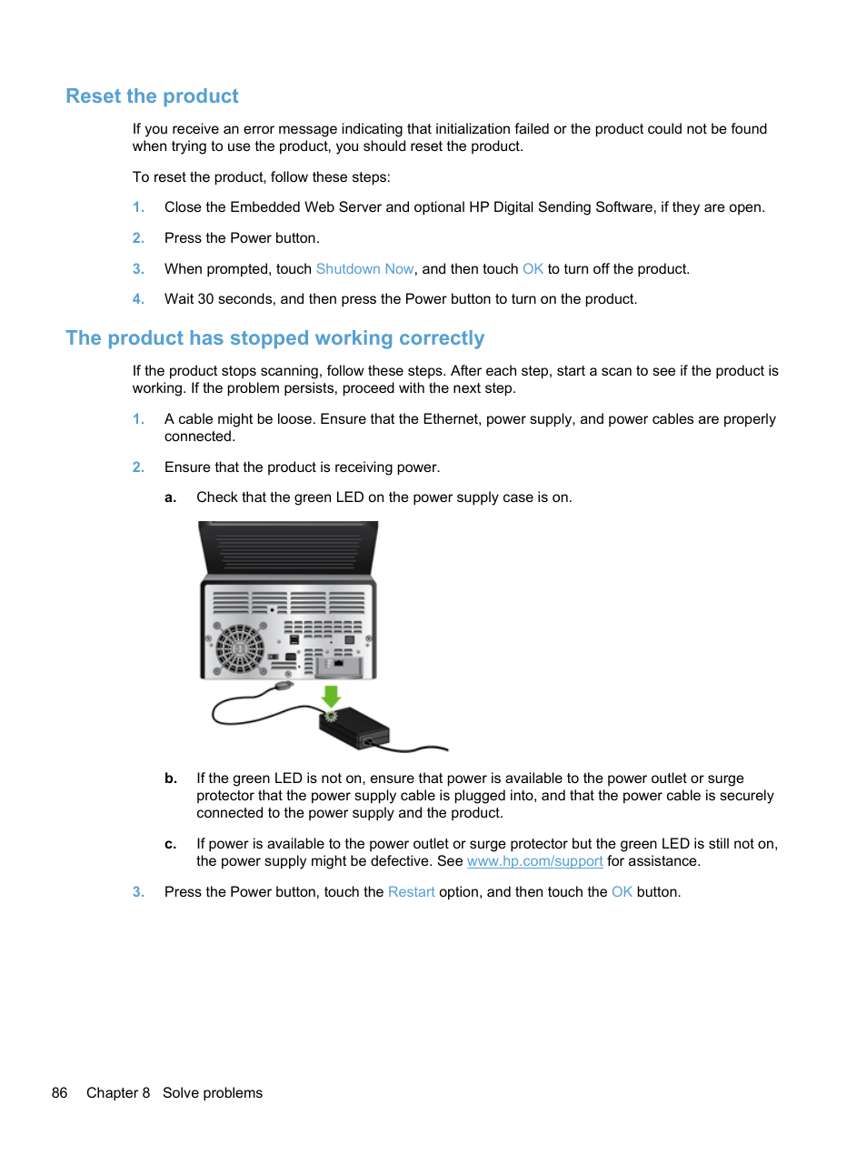 Reset the product, The product has stopped working correctly | HP 7000N User Manual | Page 94 / 124