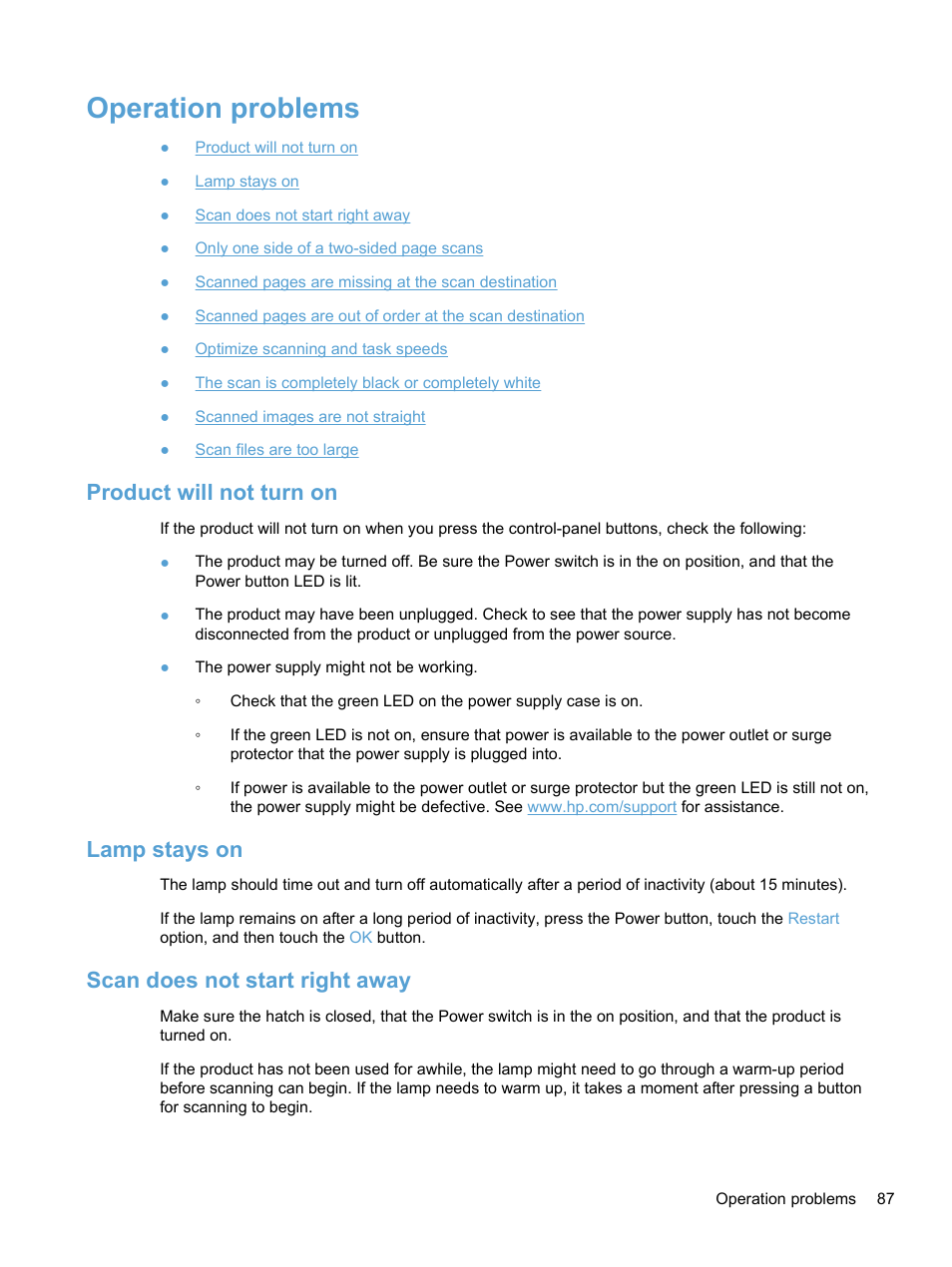 Operation problems, Product will not turn on, Lamp stays on | Scan does not start right away | HP 7000N User Manual | Page 95 / 124