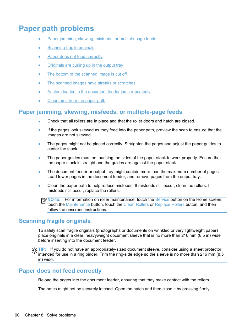 Paper path problems, Scanning fragile originals, Paper does not feed correctly | HP 7000N User Manual | Page 98 / 124