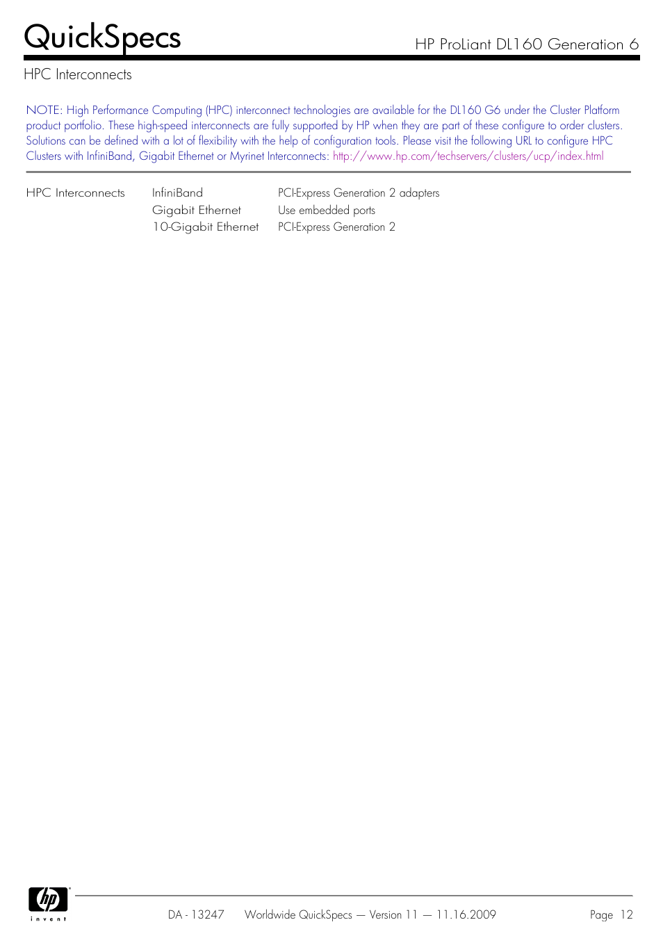 Hpc interconnects, Quickspecs | HP DL160 User Manual | Page 12 / 50