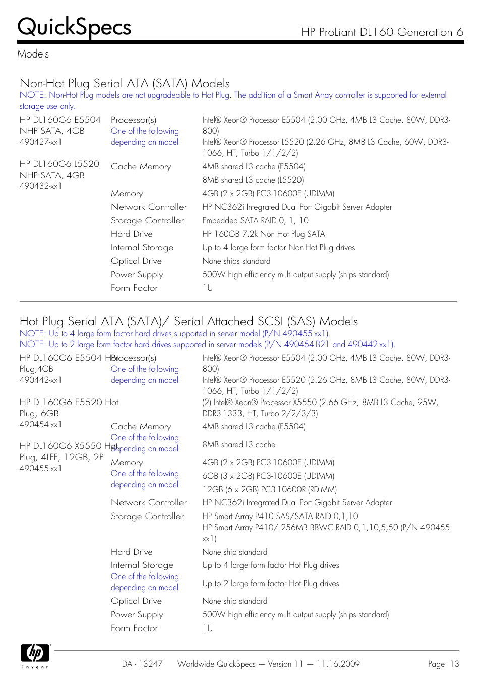 Models, Quickspecs, Non-hot plug serial ata (sata) models | Hp proliant dl160 generation 6 models | HP DL160 User Manual | Page 13 / 50