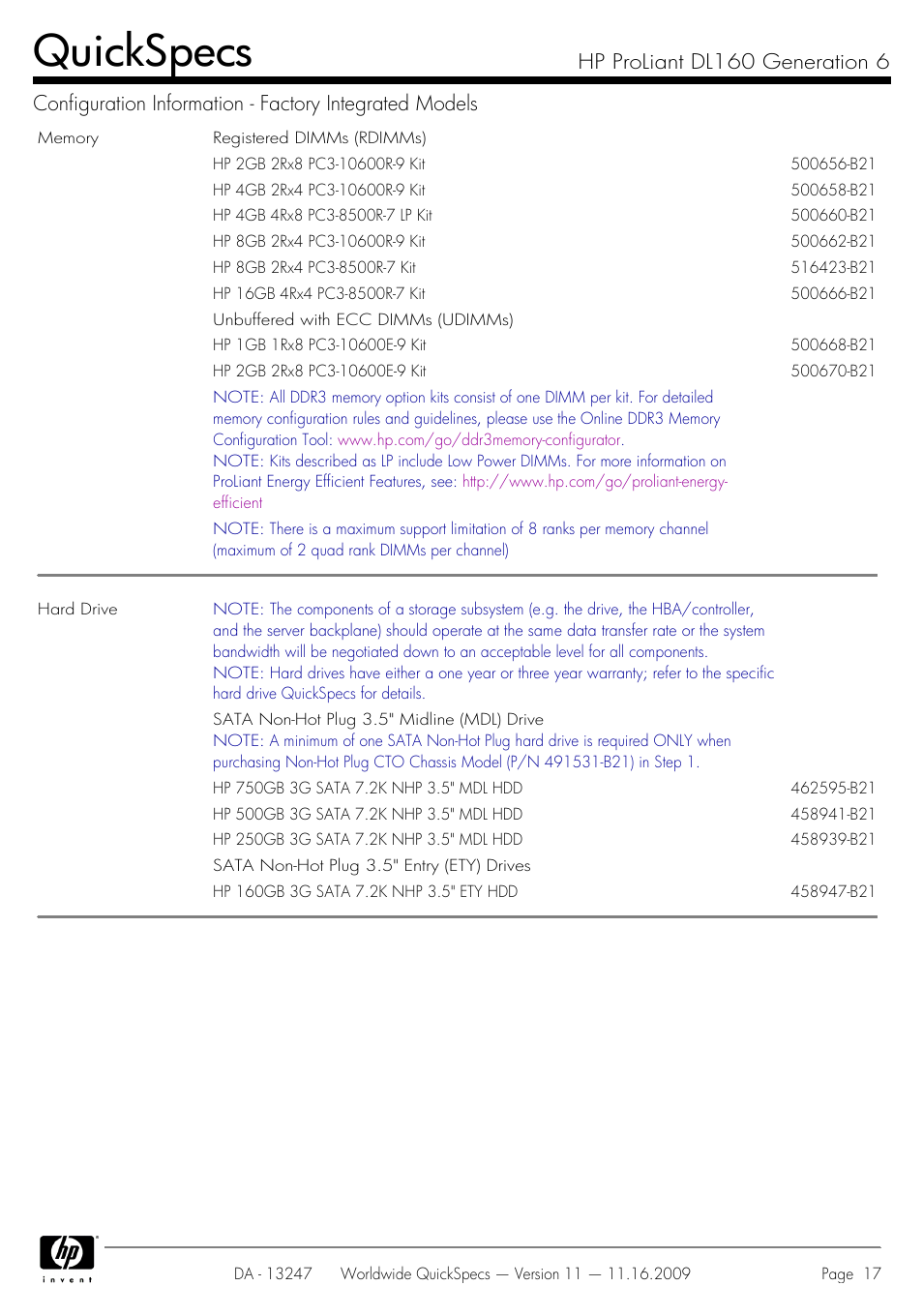 Quickspecs | HP DL160 User Manual | Page 17 / 50