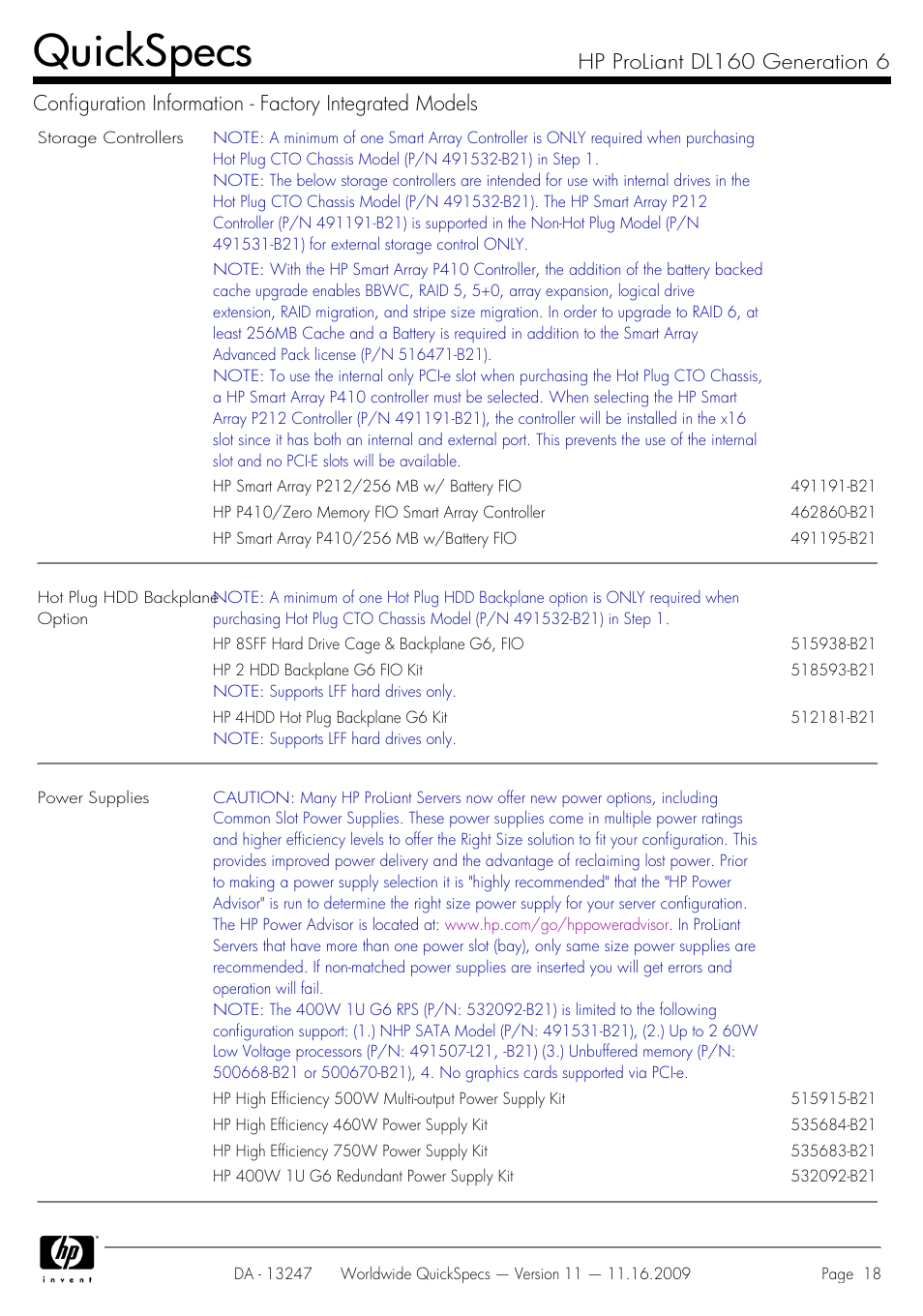 Quickspecs | HP DL160 User Manual | Page 18 / 50