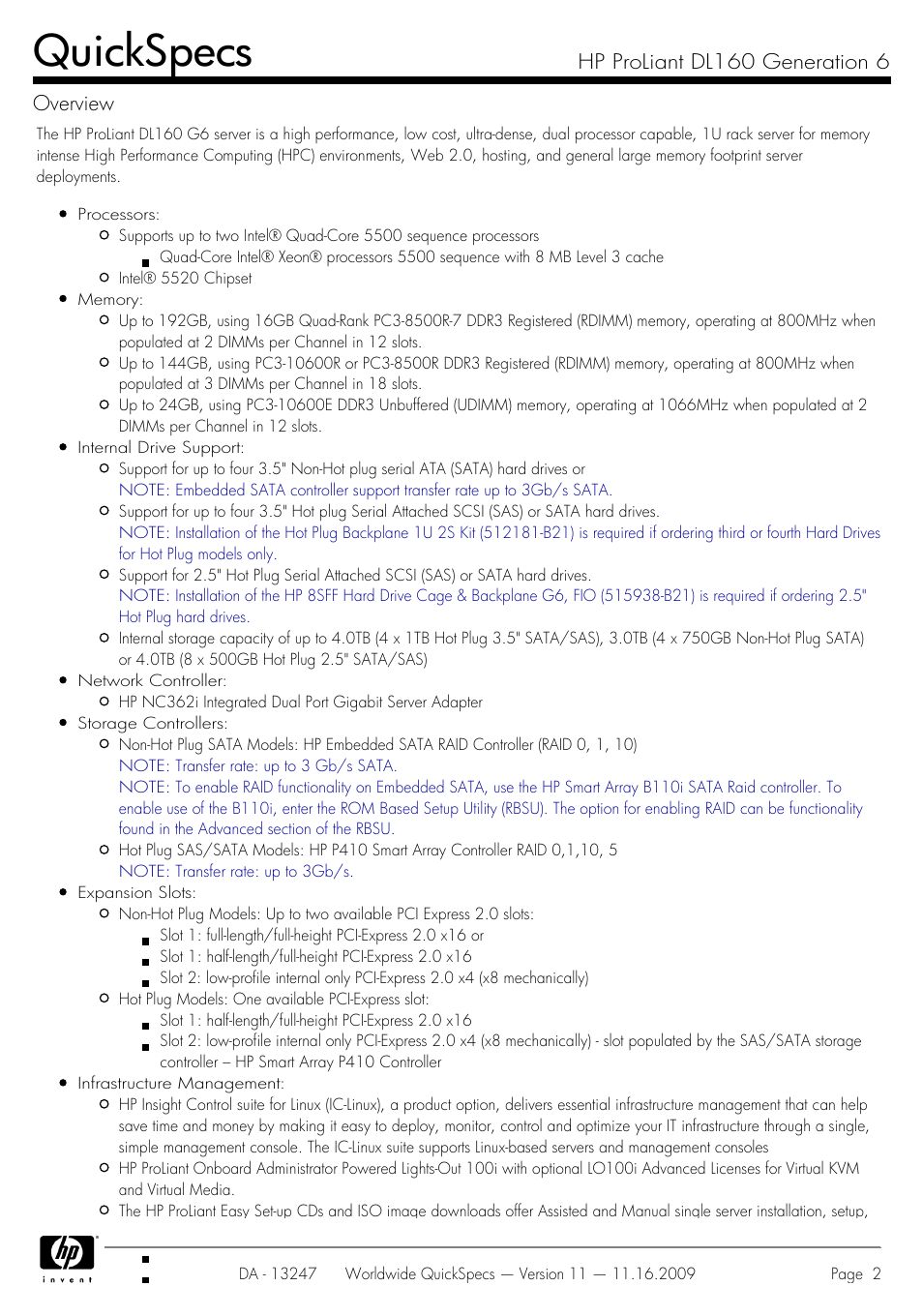 Quickspecs, Hp proliant dl160 generation 6 overview | HP DL160 User Manual | Page 2 / 50
