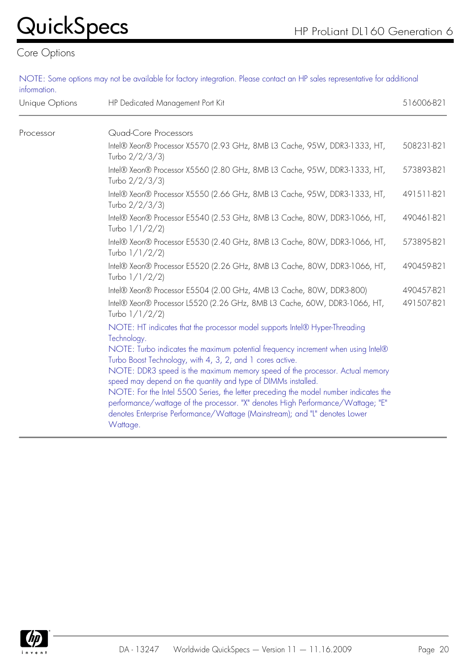 Core options, Quickspecs, Hp proliant dl160 generation 6 core options | HP DL160 User Manual | Page 20 / 50