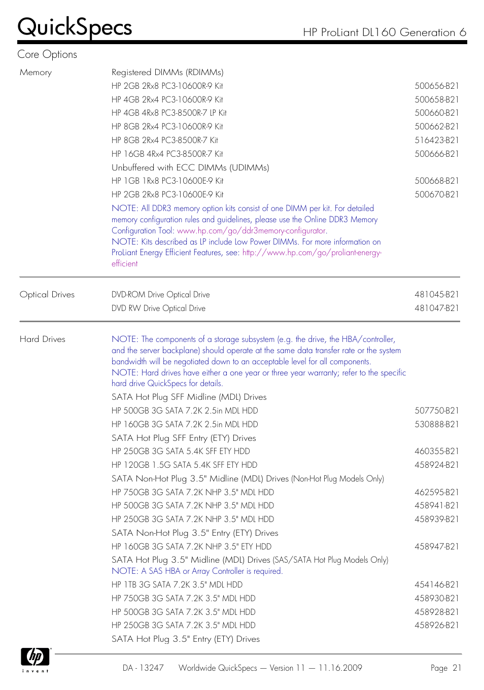 Quickspecs, Hp proliant dl160 generation 6 core options | HP DL160 User Manual | Page 21 / 50