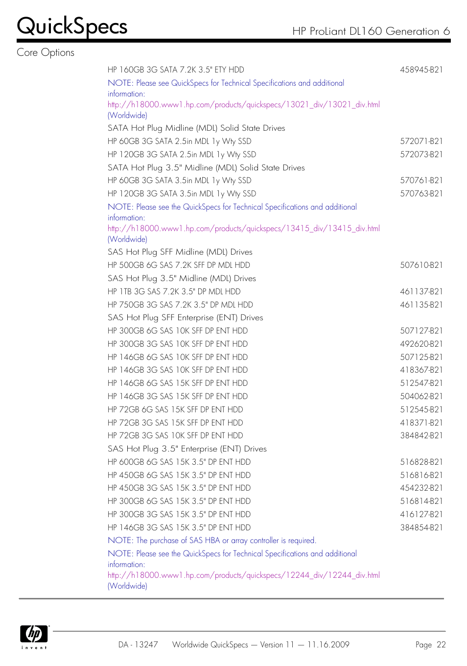 Quickspecs, Hp proliant dl160 generation 6 core options | HP DL160 User Manual | Page 22 / 50