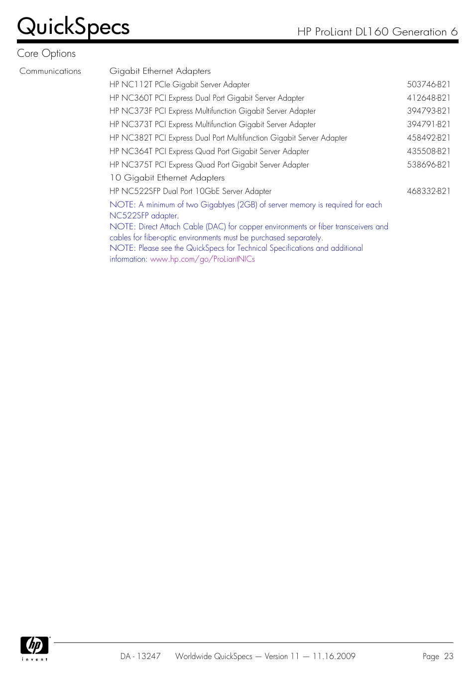 Quickspecs, Hp proliant dl160 generation 6 core options | HP DL160 User Manual | Page 23 / 50