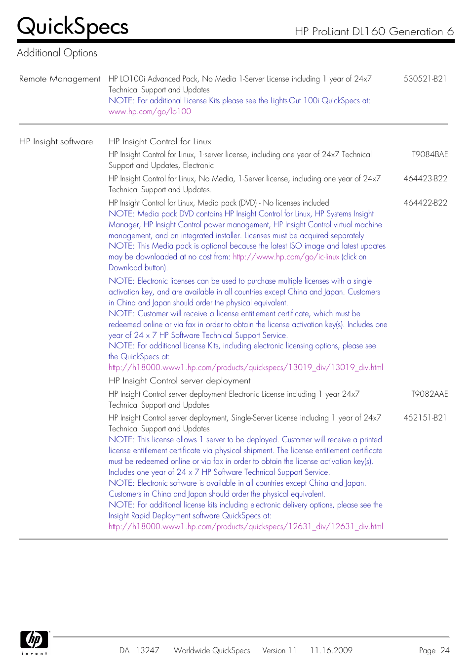 Additional options, Quickspecs, Hp proliant dl160 generation 6 additional options | HP DL160 User Manual | Page 24 / 50