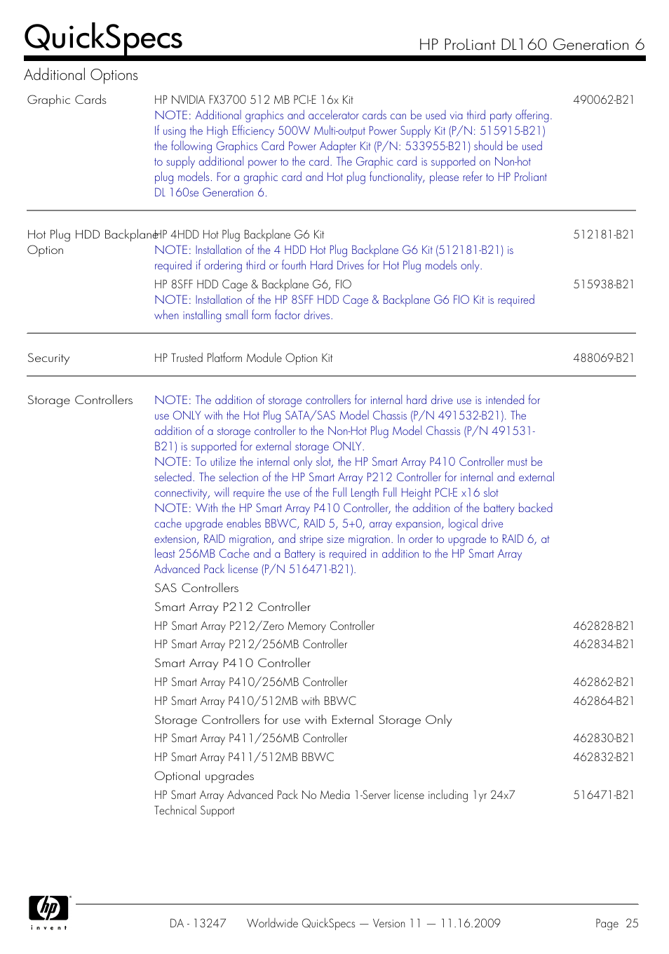 Quickspecs, Hp proliant dl160 generation 6 additional options | HP DL160 User Manual | Page 25 / 50