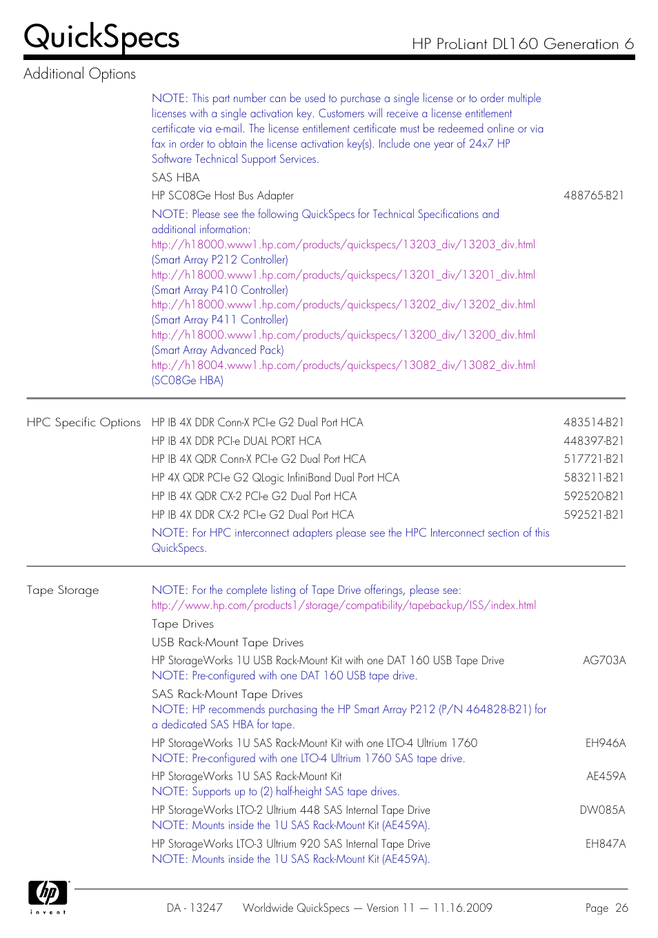 Quickspecs, Hp proliant dl160 generation 6 additional options | HP DL160 User Manual | Page 26 / 50