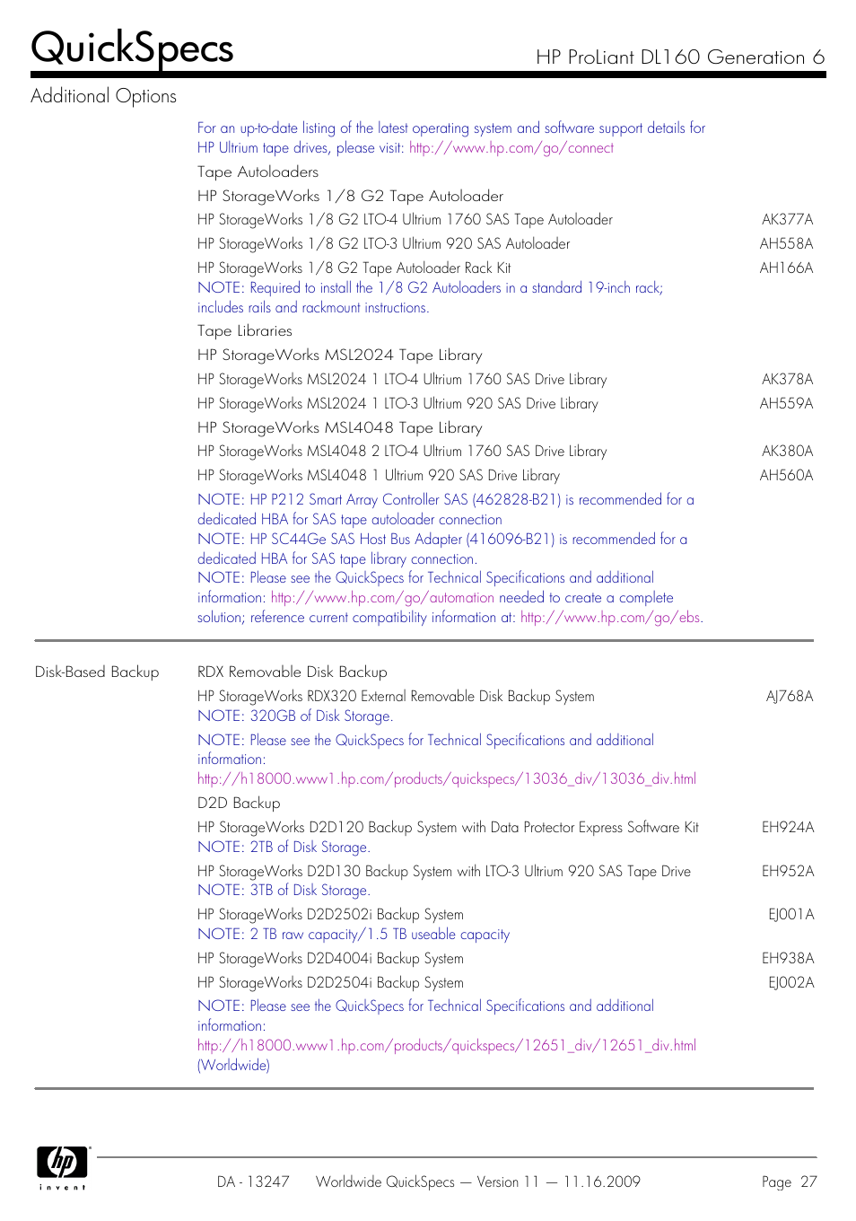 Quickspecs, Hp proliant dl160 generation 6 additional options | HP DL160 User Manual | Page 27 / 50