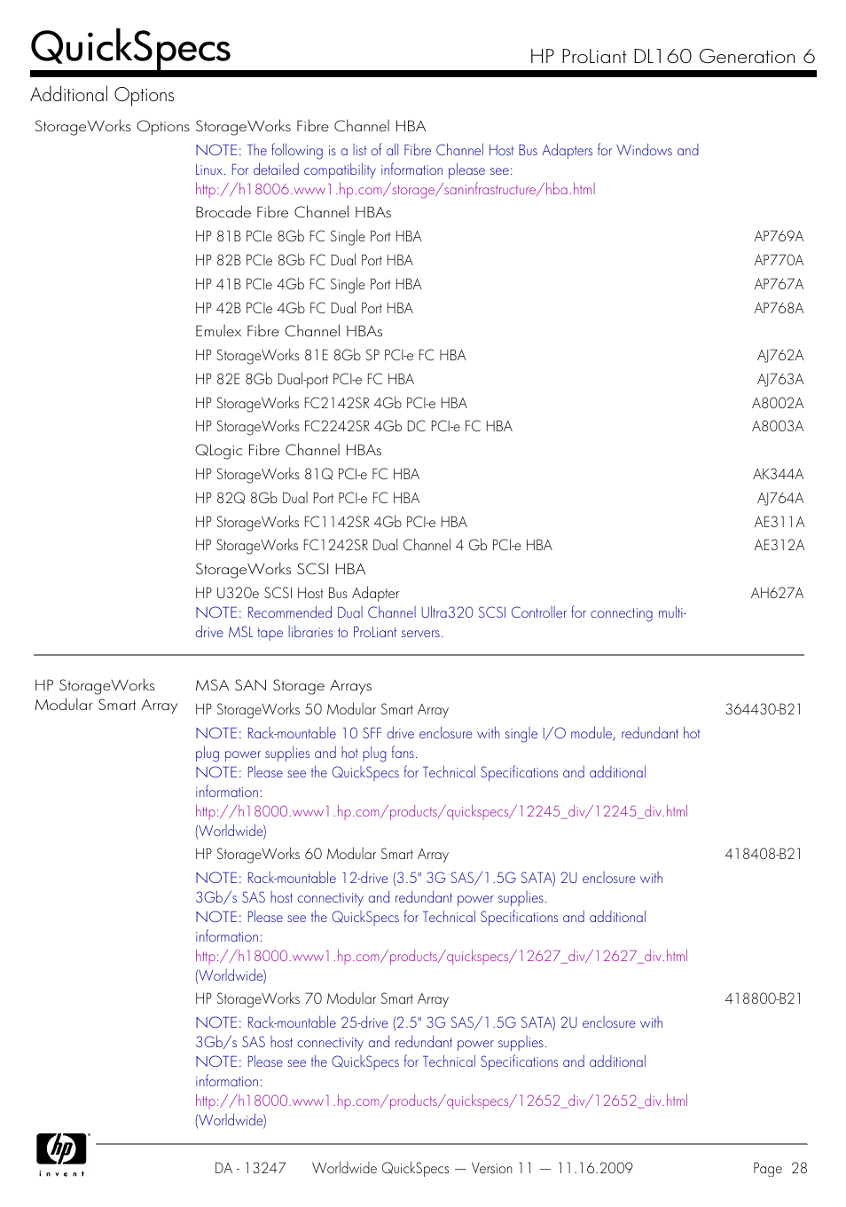 Quickspecs, Hp proliant dl160 generation 6 additional options | HP DL160 User Manual | Page 28 / 50