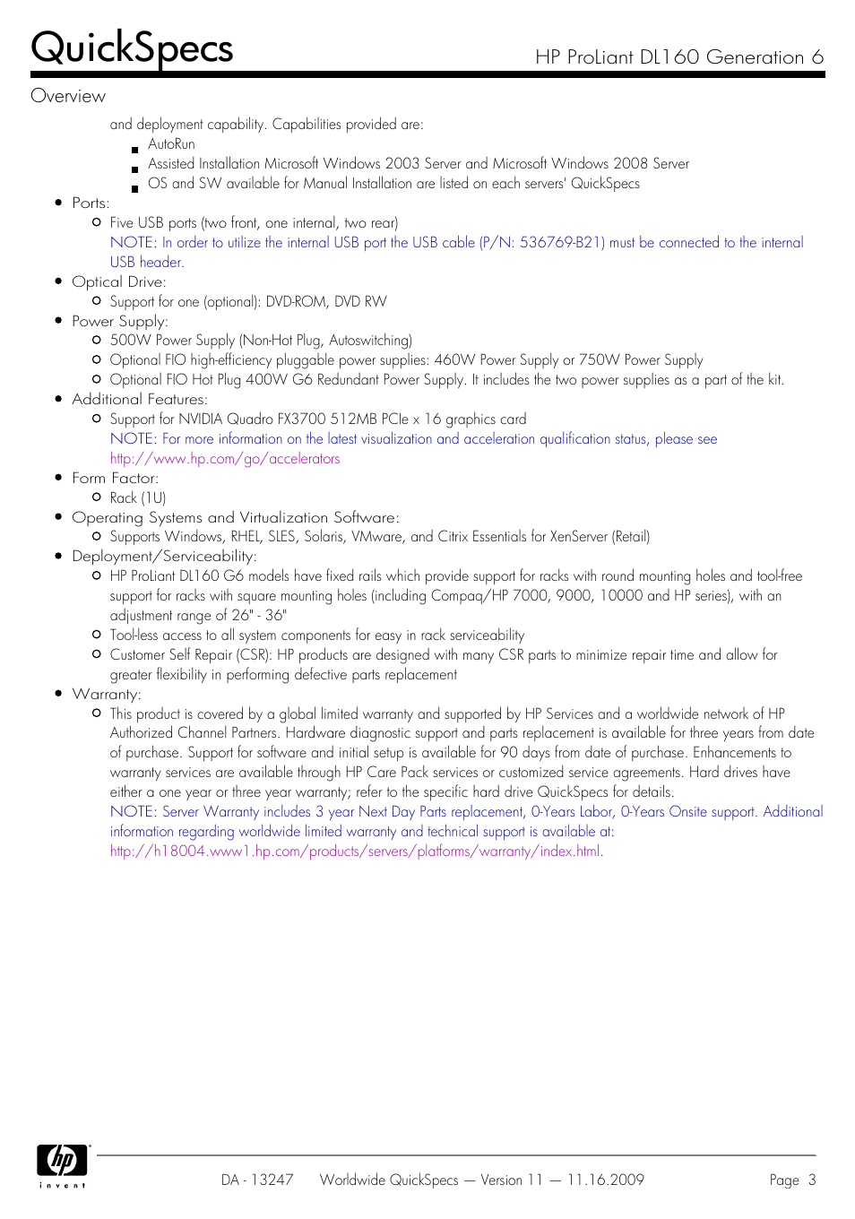 Quickspecs, Hp proliant dl160 generation 6 overview | HP DL160 User Manual | Page 3 / 50