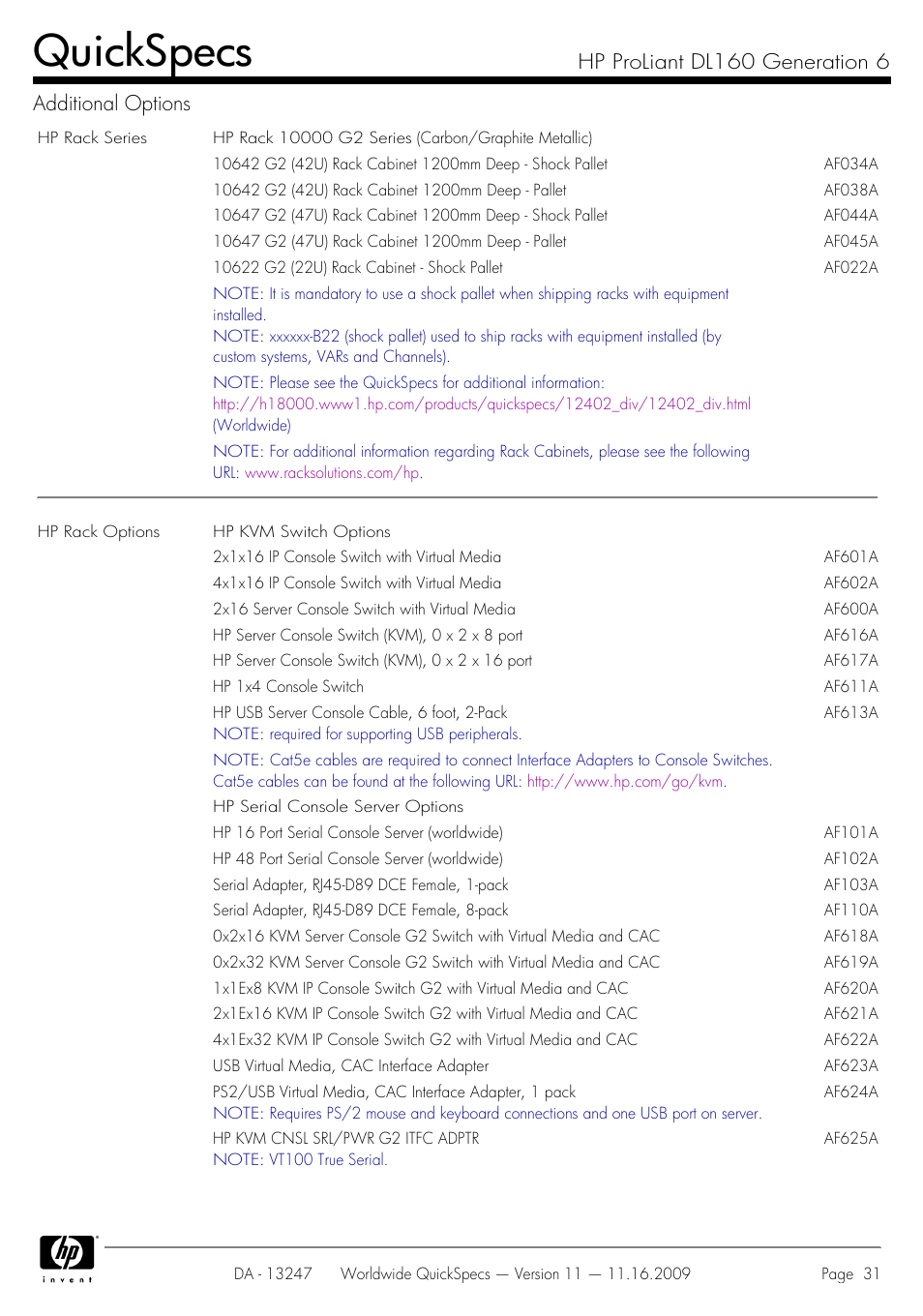 Quickspecs, Hp proliant dl160 generation 6 additional options | HP DL160 User Manual | Page 31 / 50